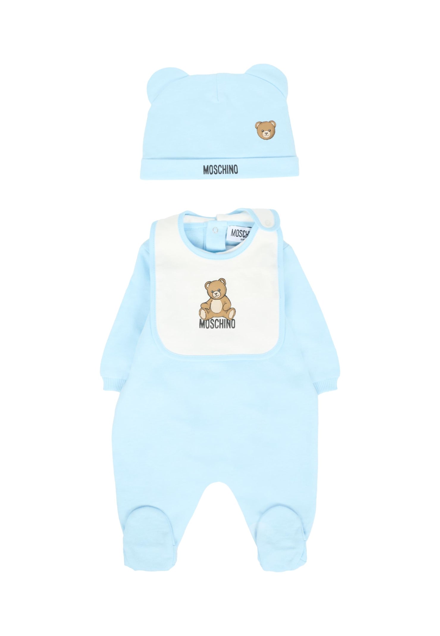 Moschino Light Blue Babygrow Set For Baby Boy With Teddy Bear In Blue