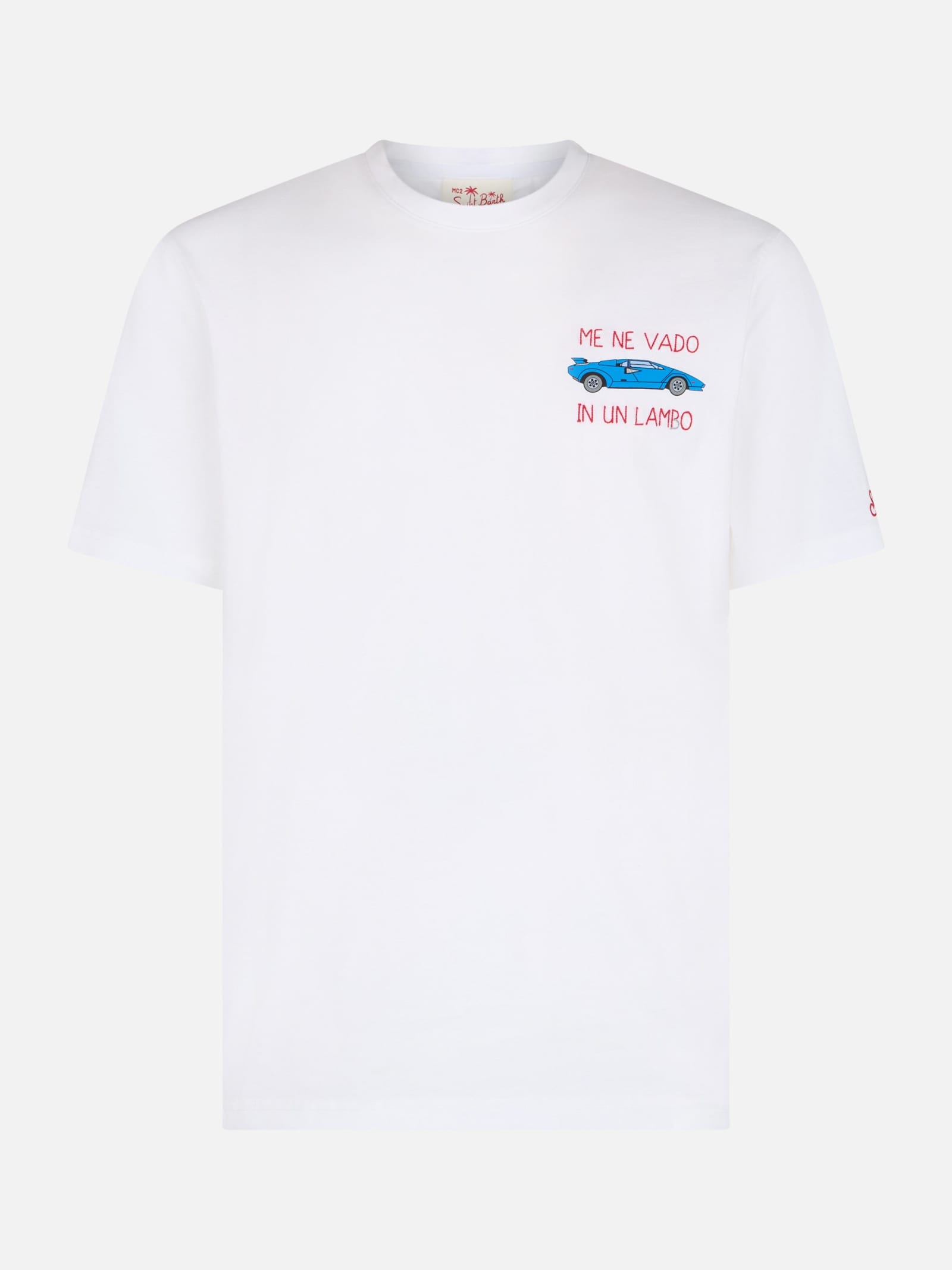 Mc2 Saint Barth Man Cotton T-shirt With Me Ne Vado In Un Lambo Embroidery And Car Placed Print In White