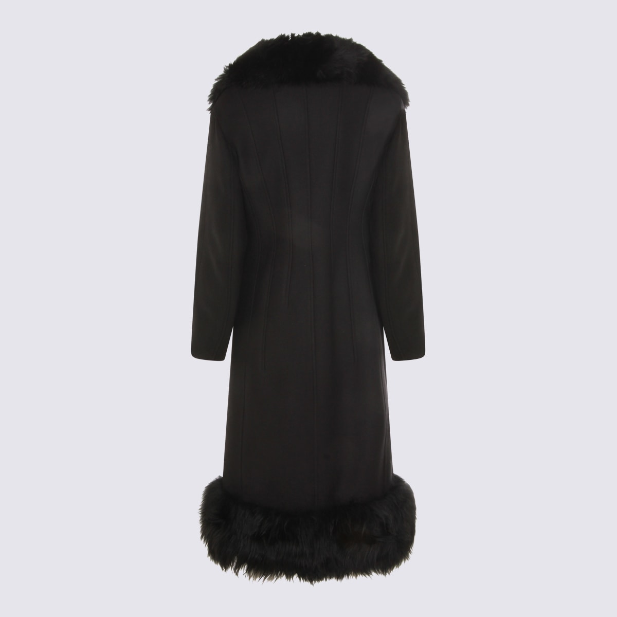 Blumarine Long Structured Coat With Floral Embellishments And Silver Buttons In Black