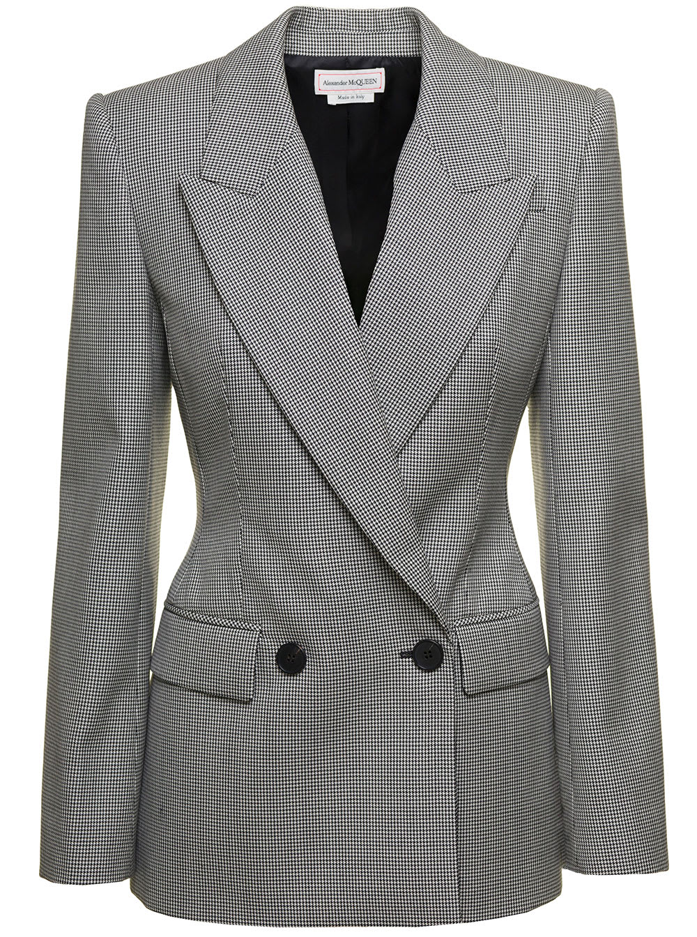 Shop Alexander Mcqueen Grey Double-breasted Jacket With Houndstooth Motif In Wool Woman