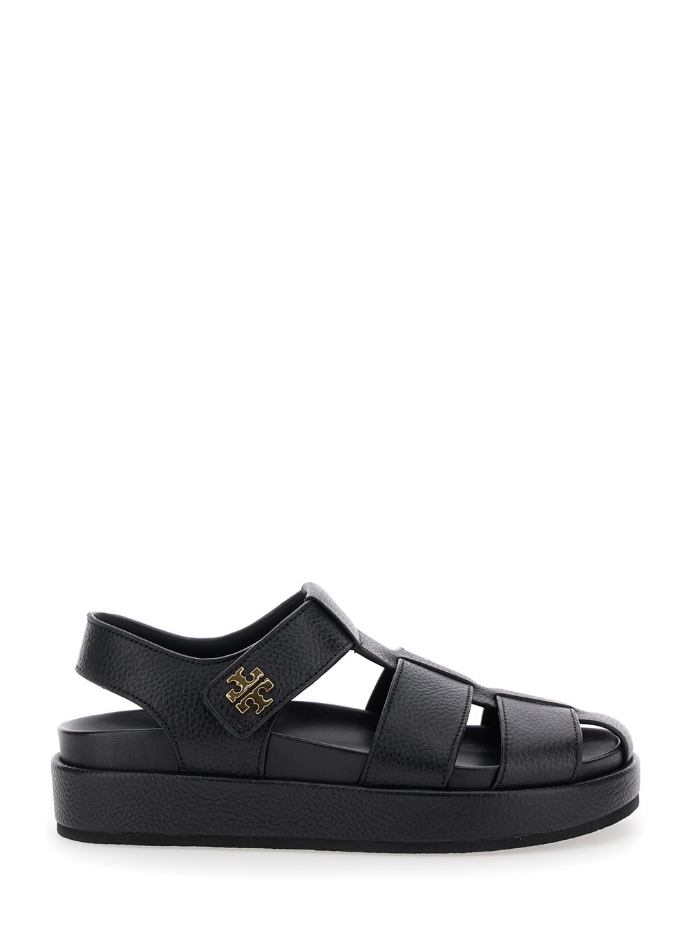 Tory Burch Kira Black Sandals With Logo Plaque In Grained Leather Woman In Black