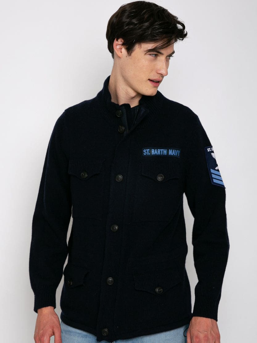 Mc2 Saint Barth Knitted Field Jacket With Patch In Blue