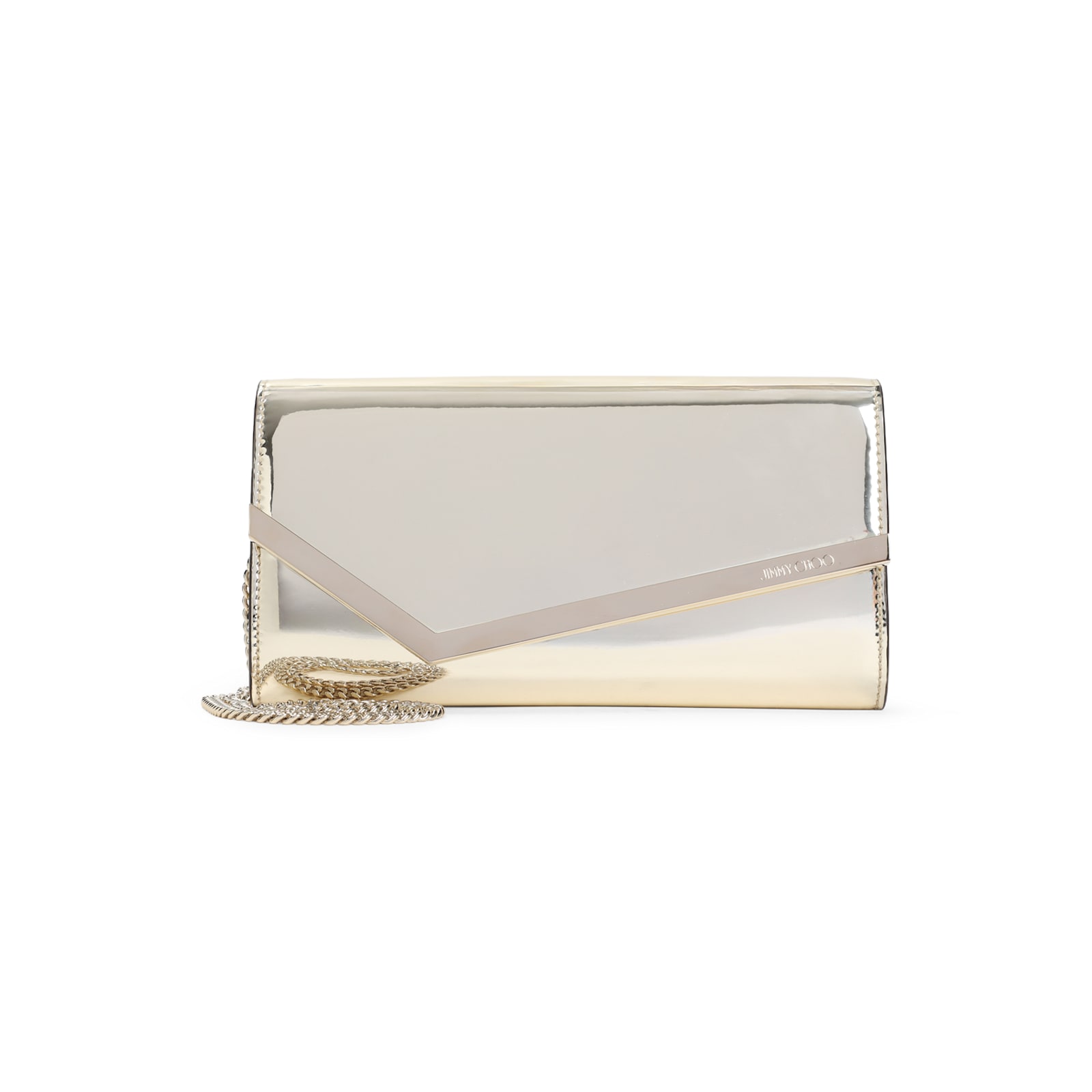 Jimmy Choo Emmie Mirror Leather Clutch Bag In Gold