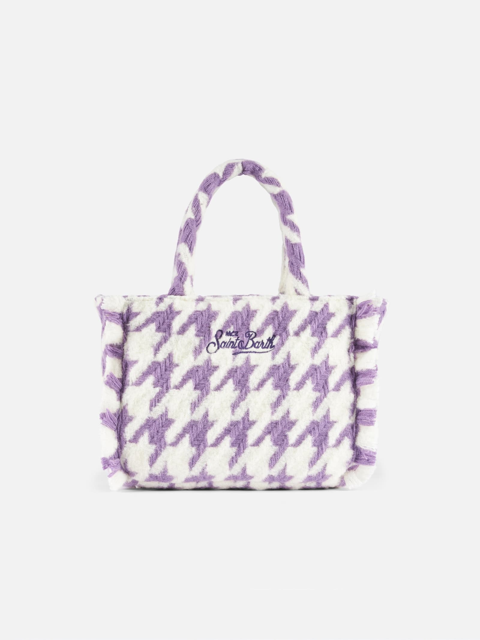 Mc2 Saint Barth Wooly Colette Fringed Handbag With Pied De Poule Pattern In Pink
