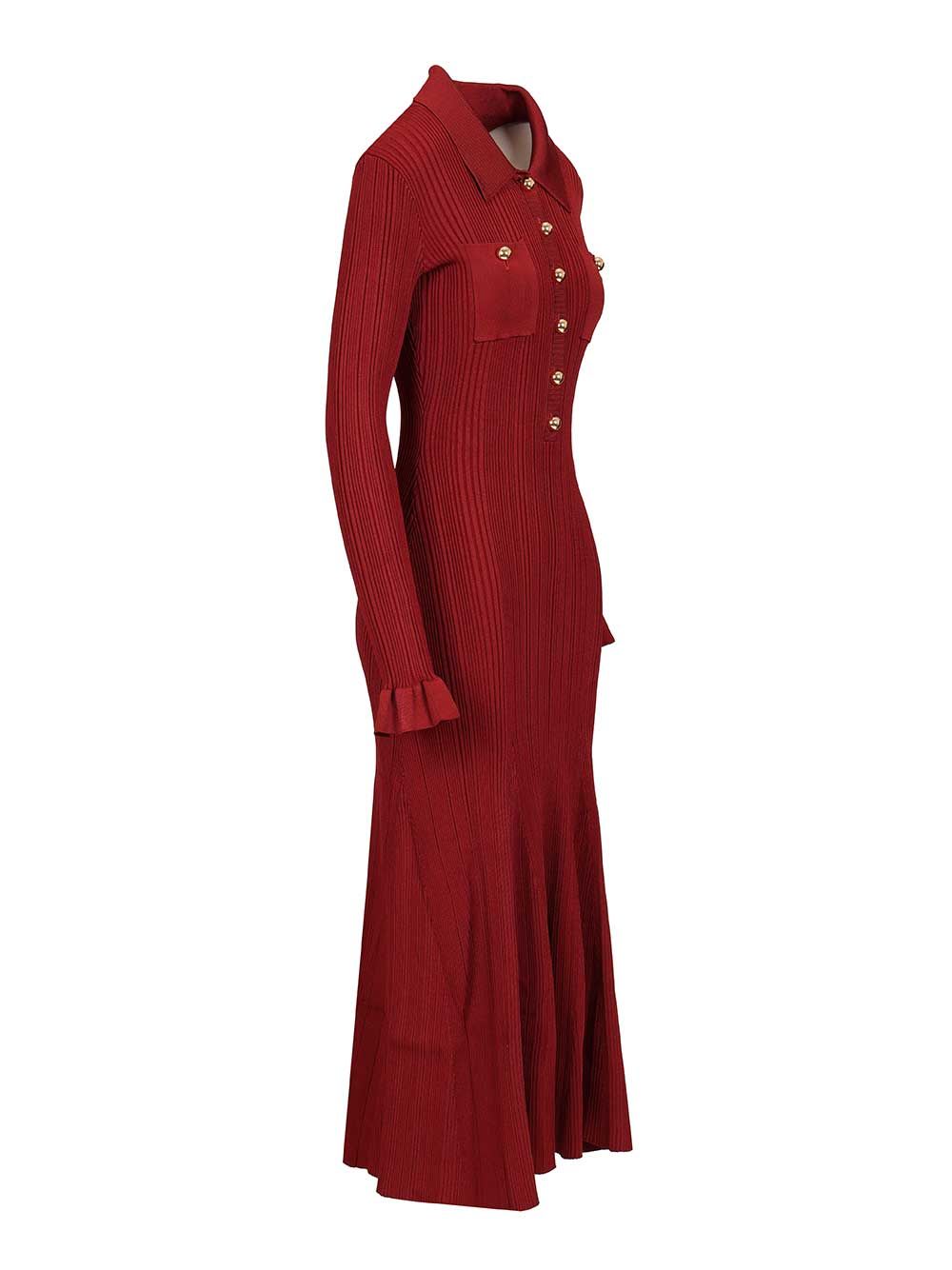 Self-portrait Knee Length Dress With Flared Cuffs And Pockets In Burgundy
