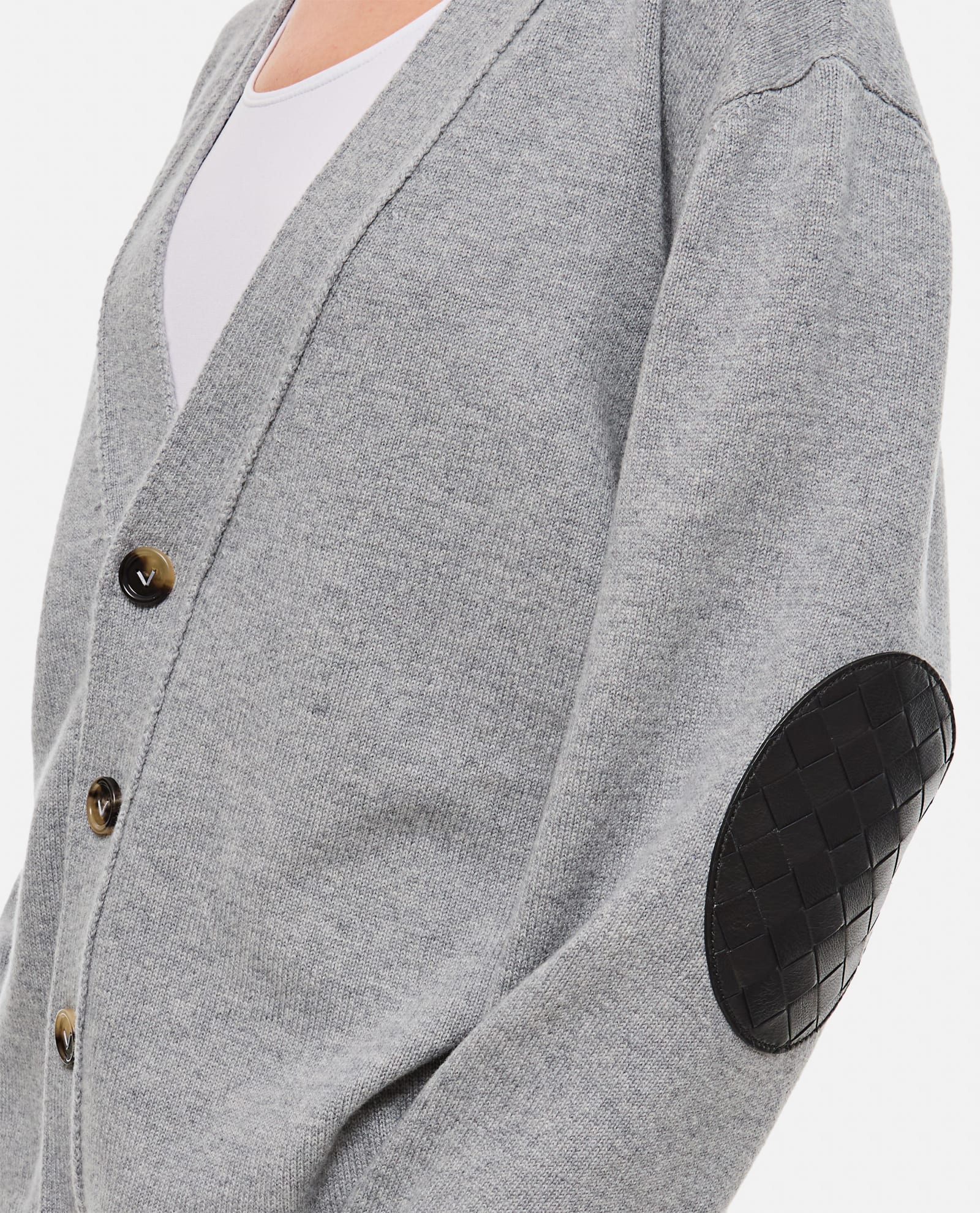 Shop Bottega Veneta Cashmere Cardigan With Woven Leather Elbow Patch In Grey