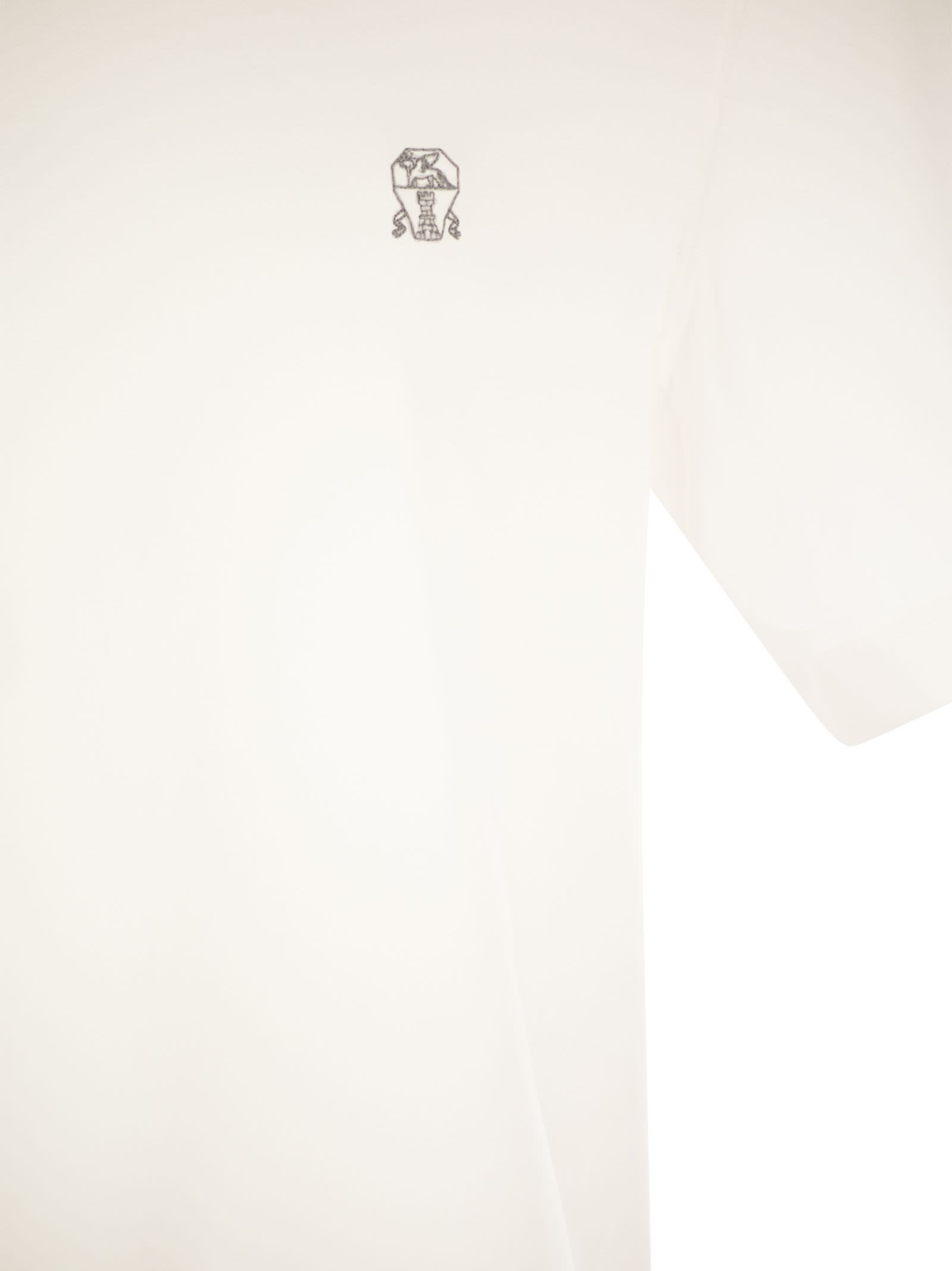 Shop Brunello Cucinelli Slim Fit Crew-neck T-shirt In Cotton Jersey With Logo In Off-white/grigio