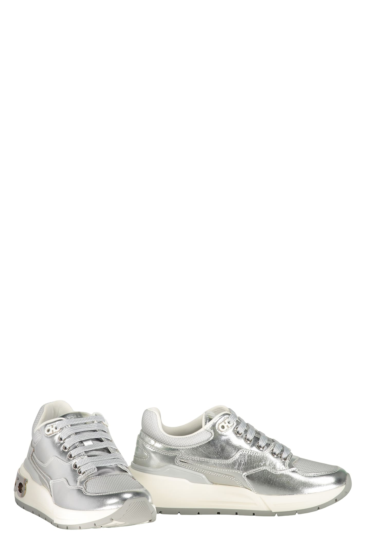 Ferragamo Leather And Fabric Low-top Sneakers In Silver