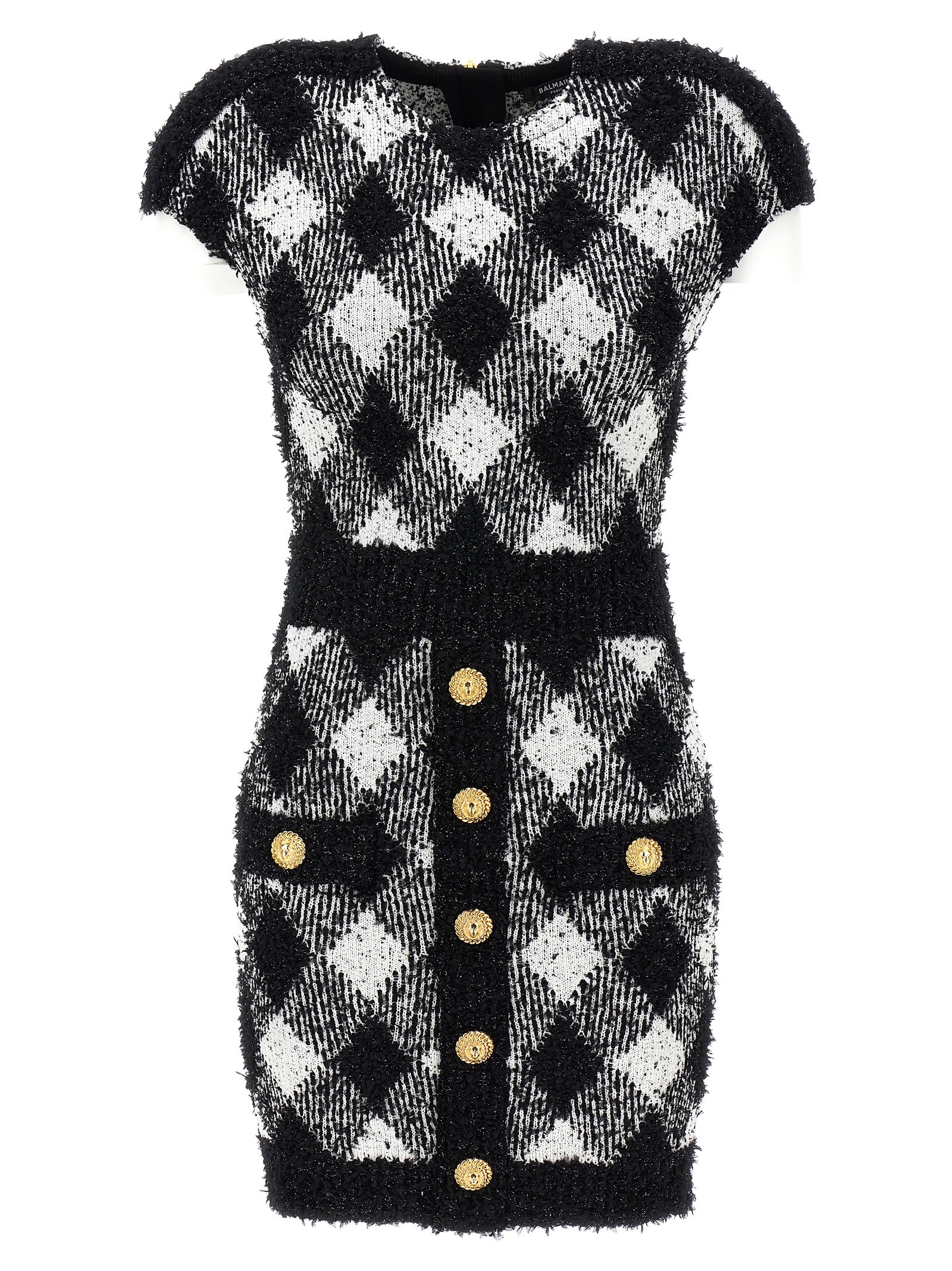 Shop Balmain Vichy Tweed Dress In White/black