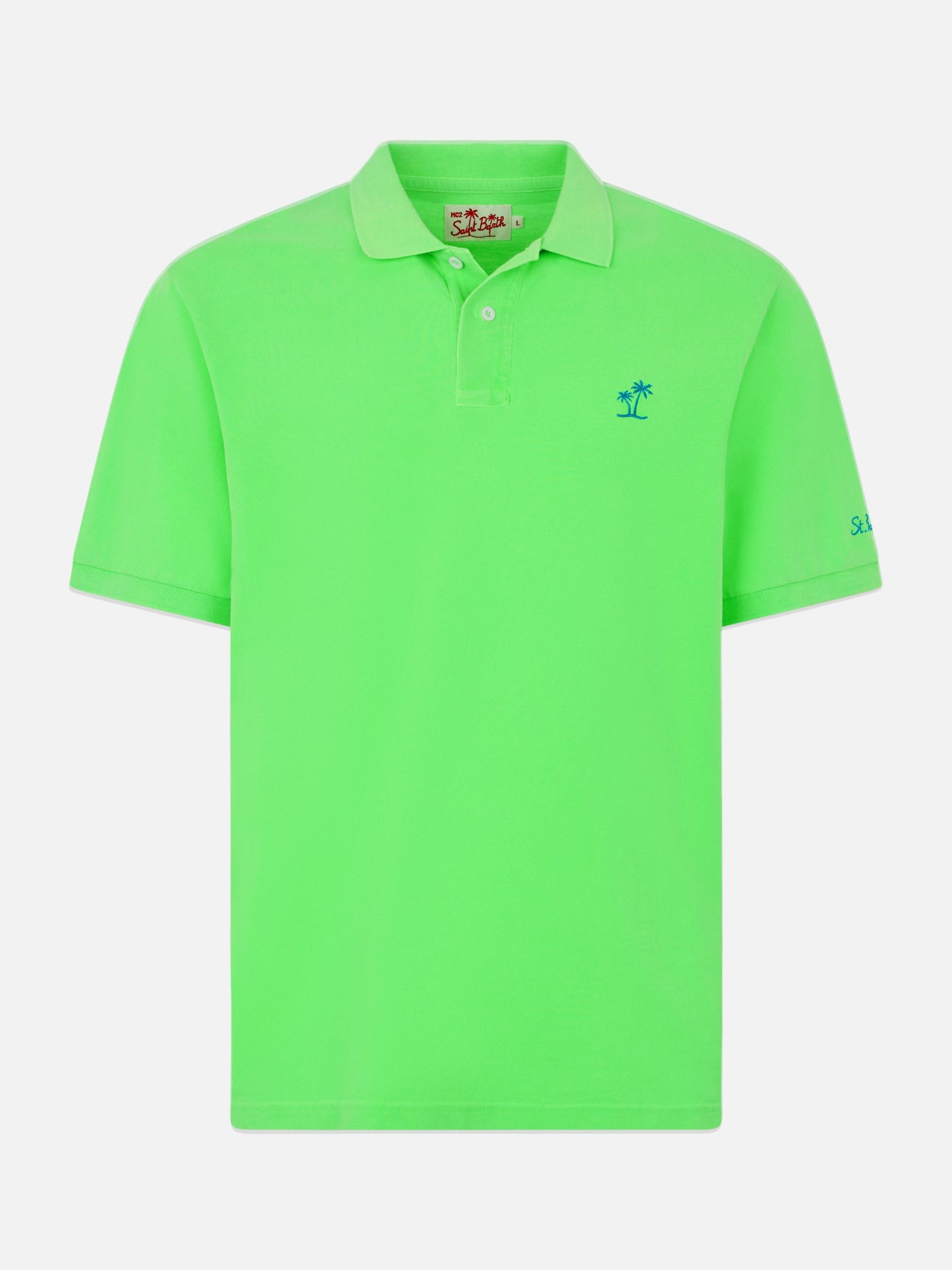 Mc2 Saint Barth Man Fluo Green Piquet Polo With St. Barth Logo And Vintage Effect In Fluo