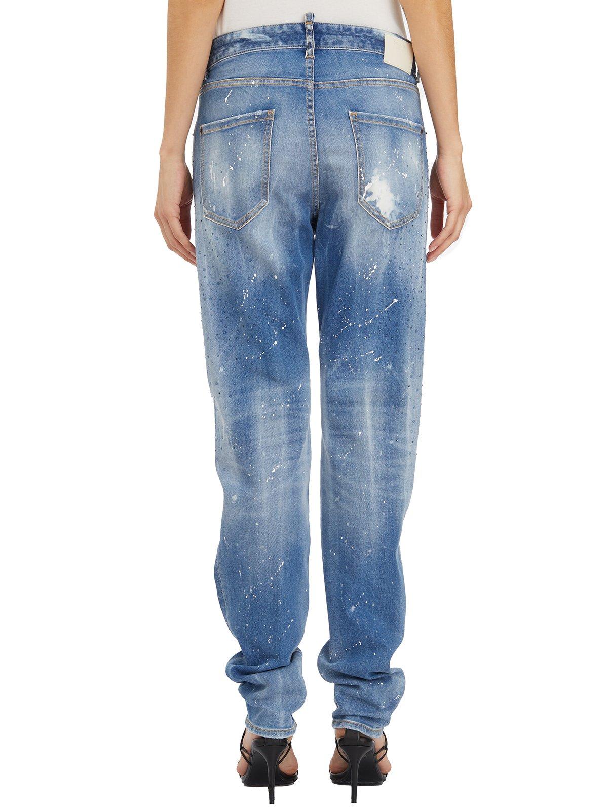 Shop Dsquared2 Embellished Distressed High-waist Jeans In Navy Blue