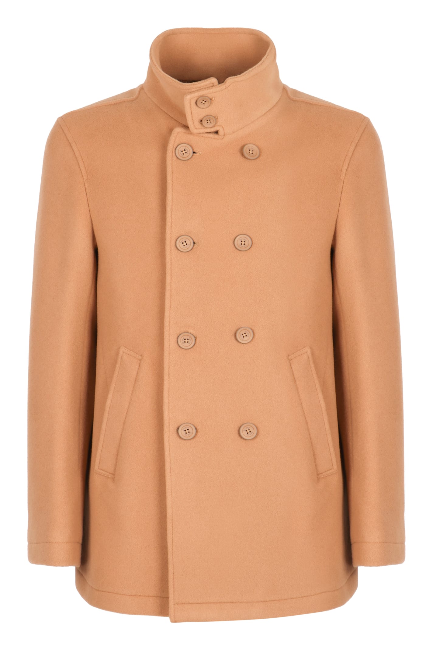 Shop Herno Double-breasted Virgin Wool Blen Coat In Camel