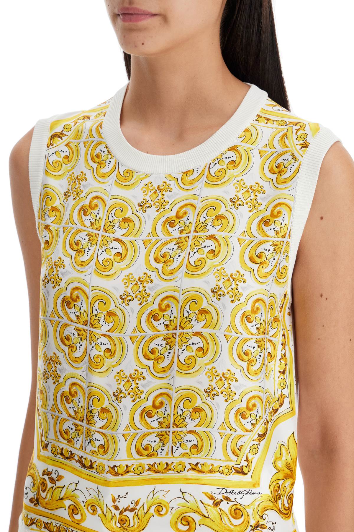 Shop Dolce & Gabbana Silk Sleeveless Top With Mai In Tris Maiolica Giallo (white)