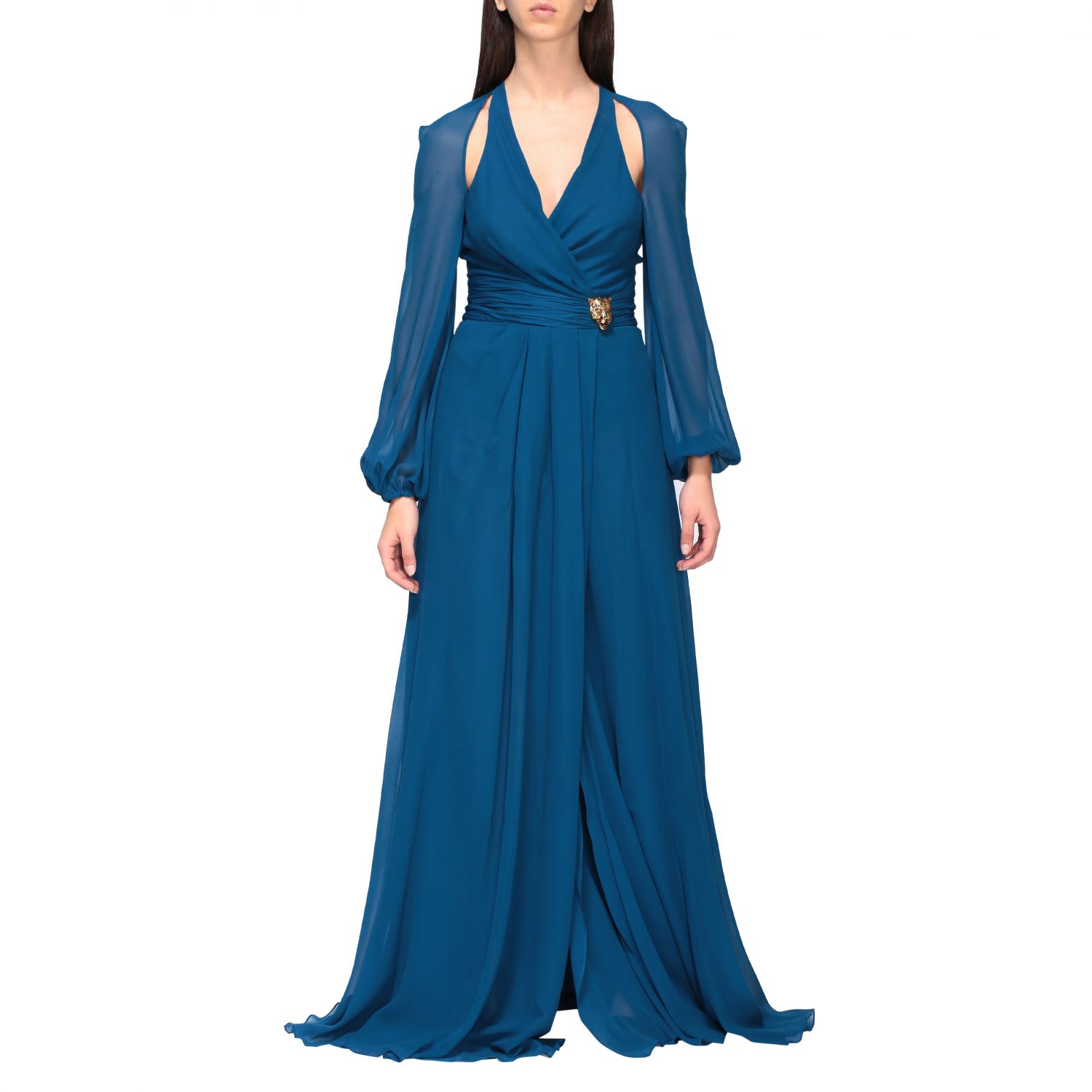 Roberto Cavalli Long Dress In Cut Out Silk In Cobalto