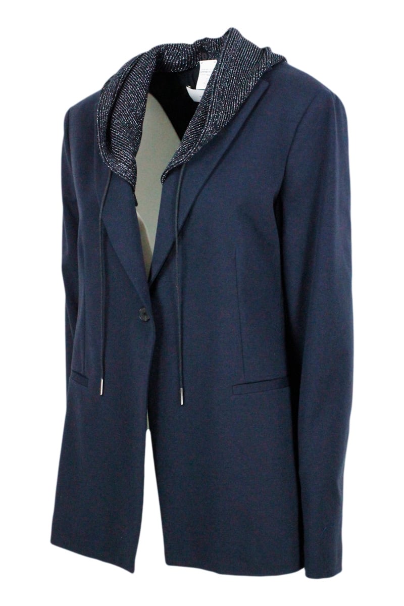 Shop Fabiana Filippi Single-breasted Blazer Jacket In Stretch Cotton Jersey With Long Sleeves And Removable Hood Embellis In Blu