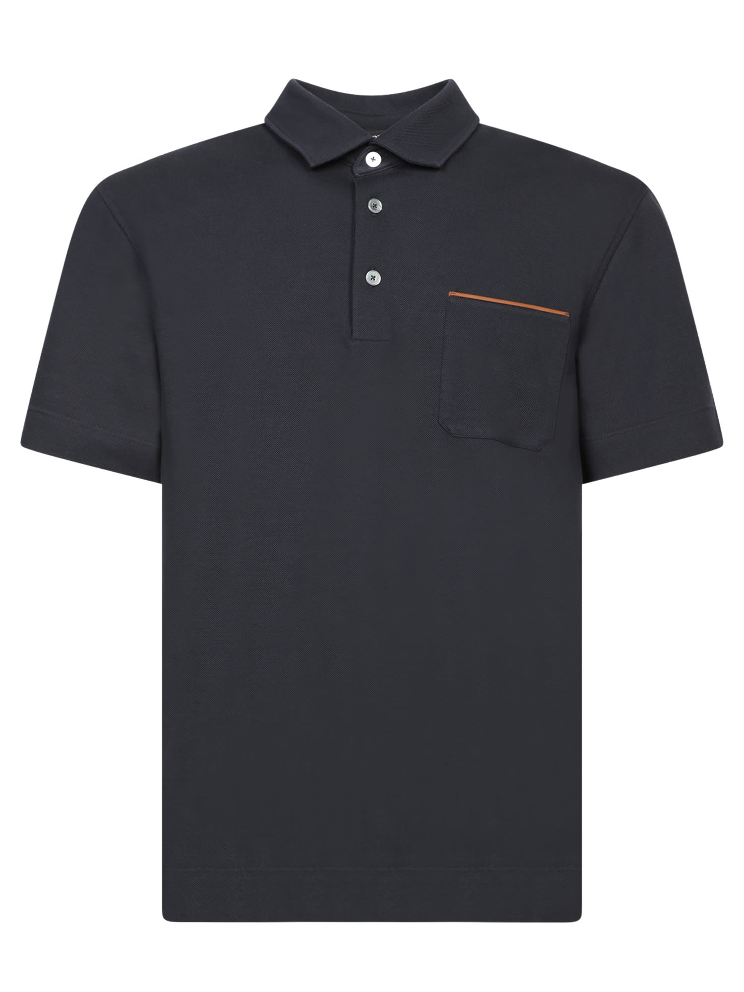 Blue Piquet Polo With Leather Detail