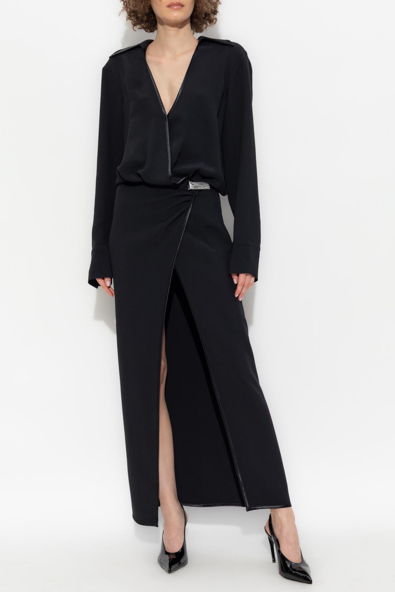 Attico V-neck Slit Midi Dress With Satin Piping In Black