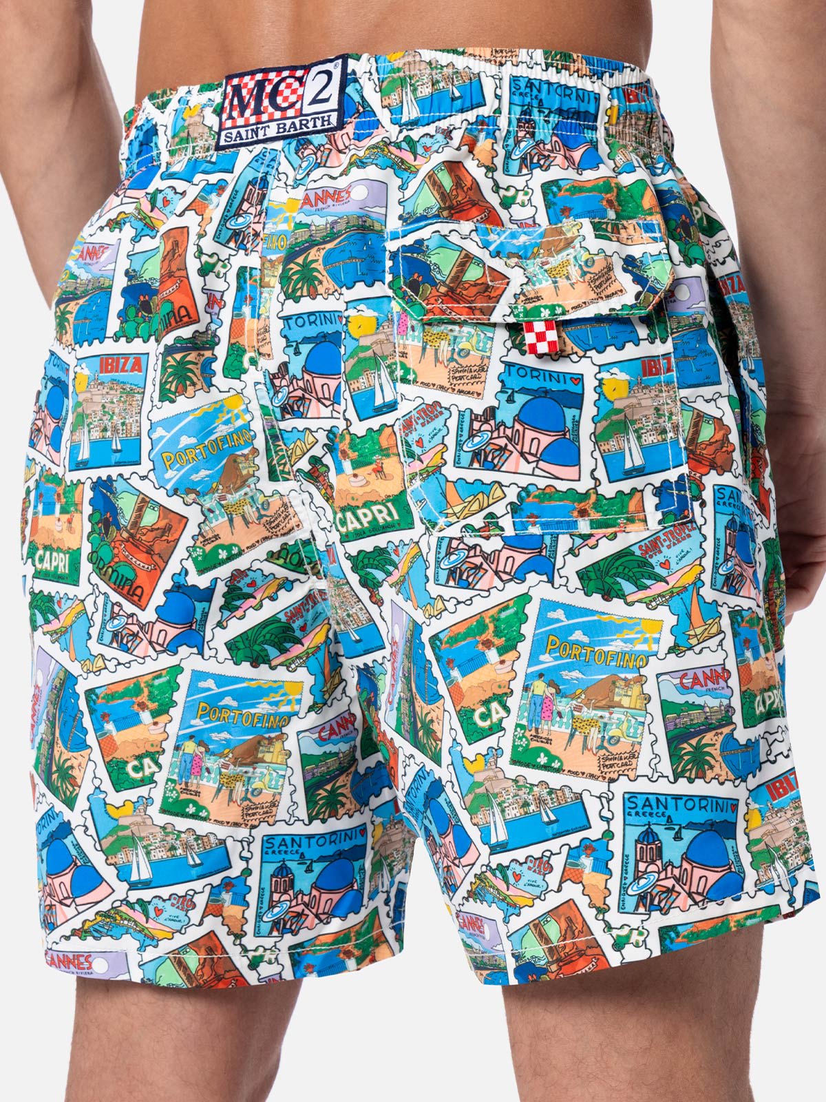 Shop Mc2 Saint Barth Man Mid-length Gustavia Swim-shorts With Postcard Mix Print Alessandro Enriquez Special Edition In White