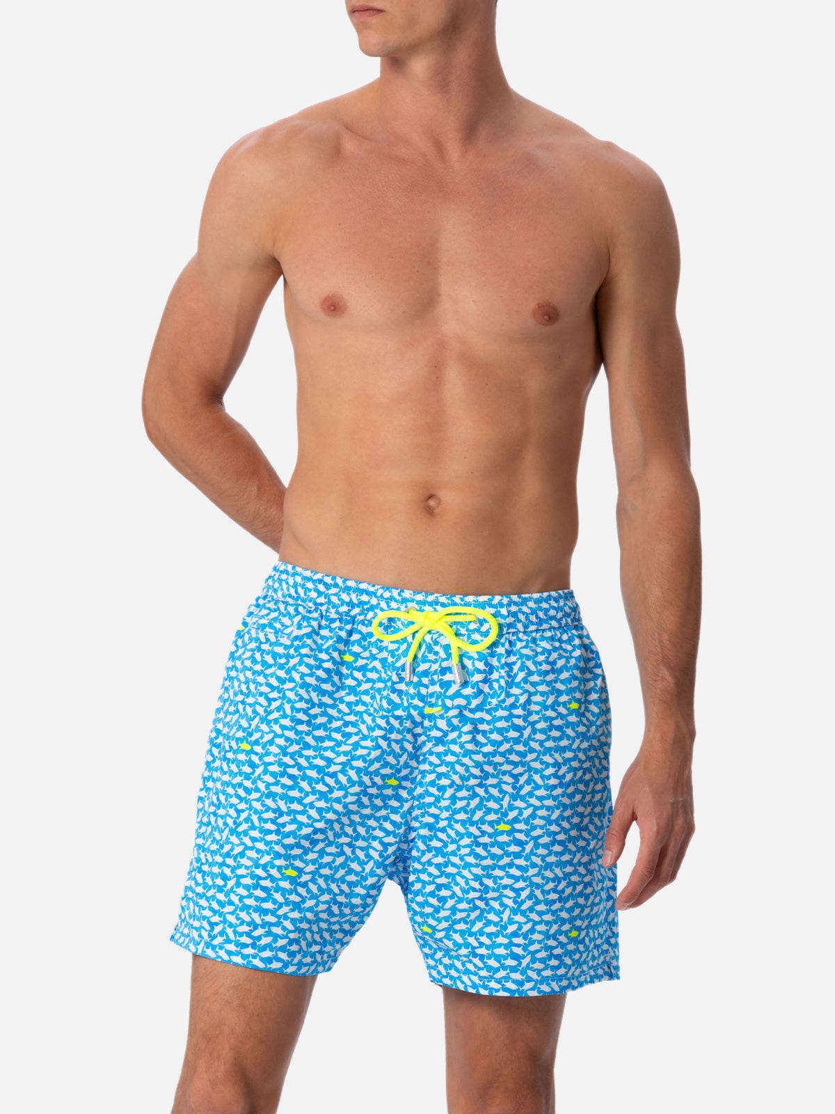 Mc2 Saint Barth Man Comfort Light Swim Shorts With Sharks Print In Bluette