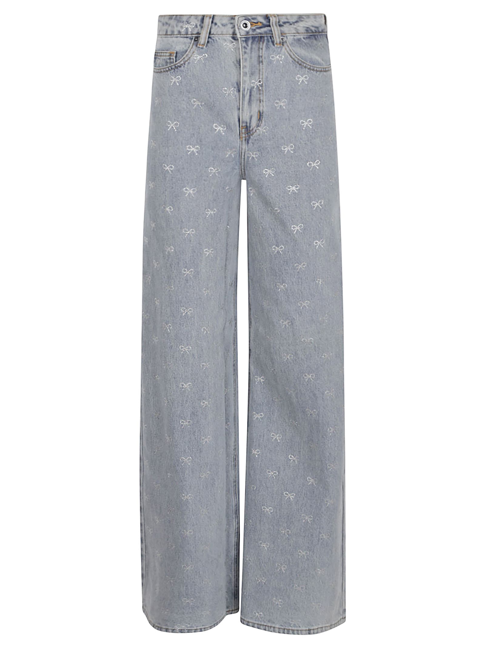 Self-portrait Light Blue Wide-leg Jeans With Crystal Embellishment And Classic Five-pocket Design In Blue