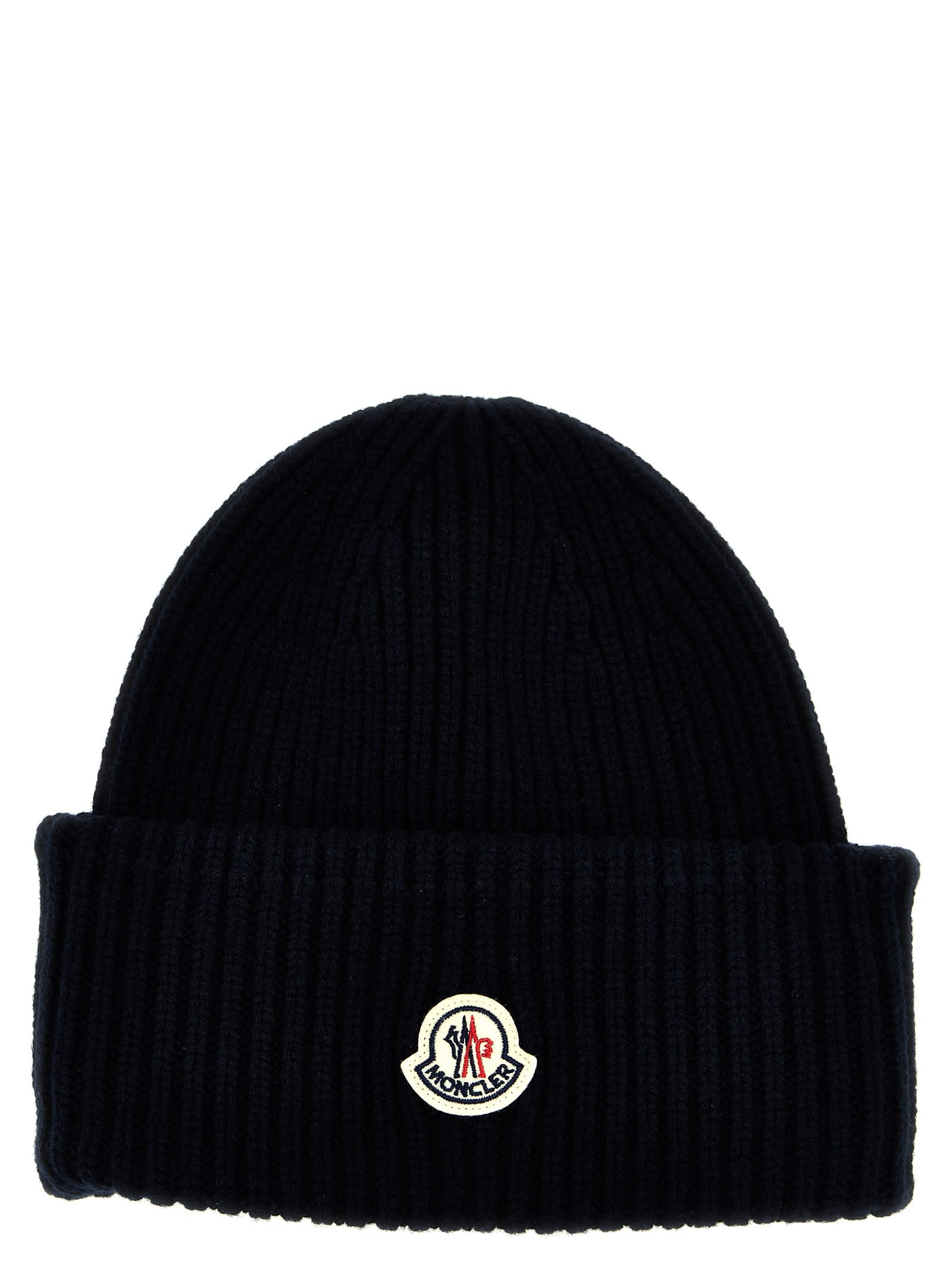 Shop Moncler Logo Patch Beanie In Blue