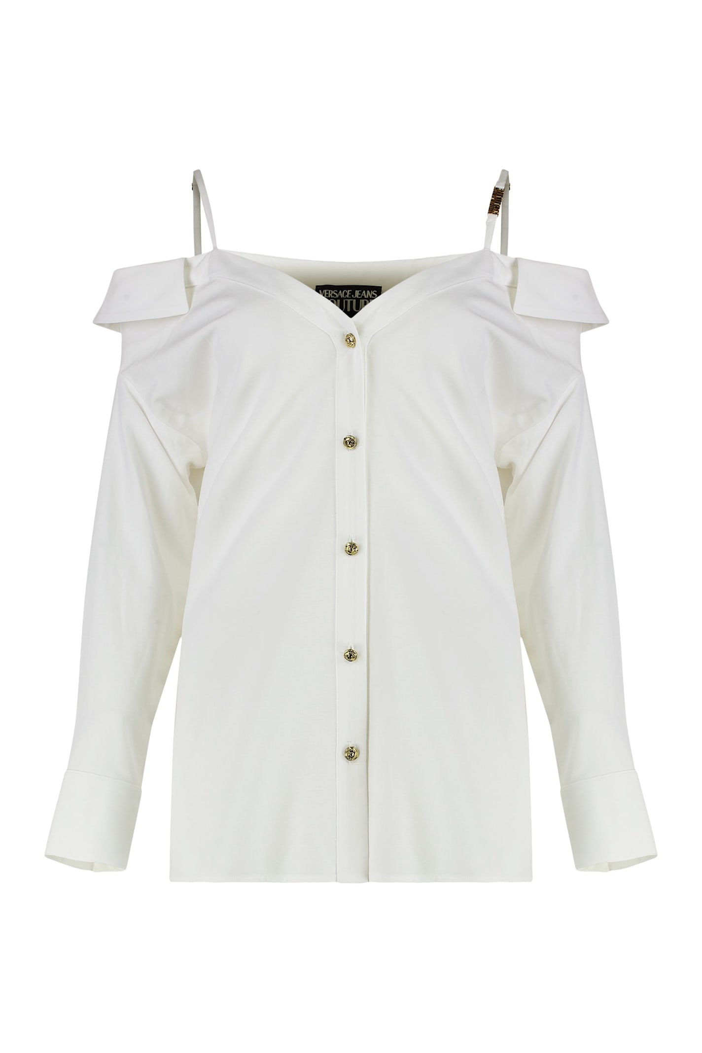 Versace Jeans Couture Off-shoulder Shirt With Embellished Buttons In White