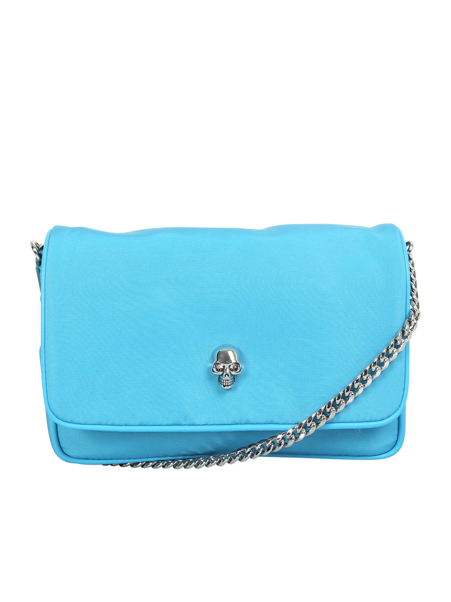 Alexander Mcqueen Skull Small Light Blue Shoulder Bag In Recycled Polyfaille With Skull Detail At Front And Chain Shou