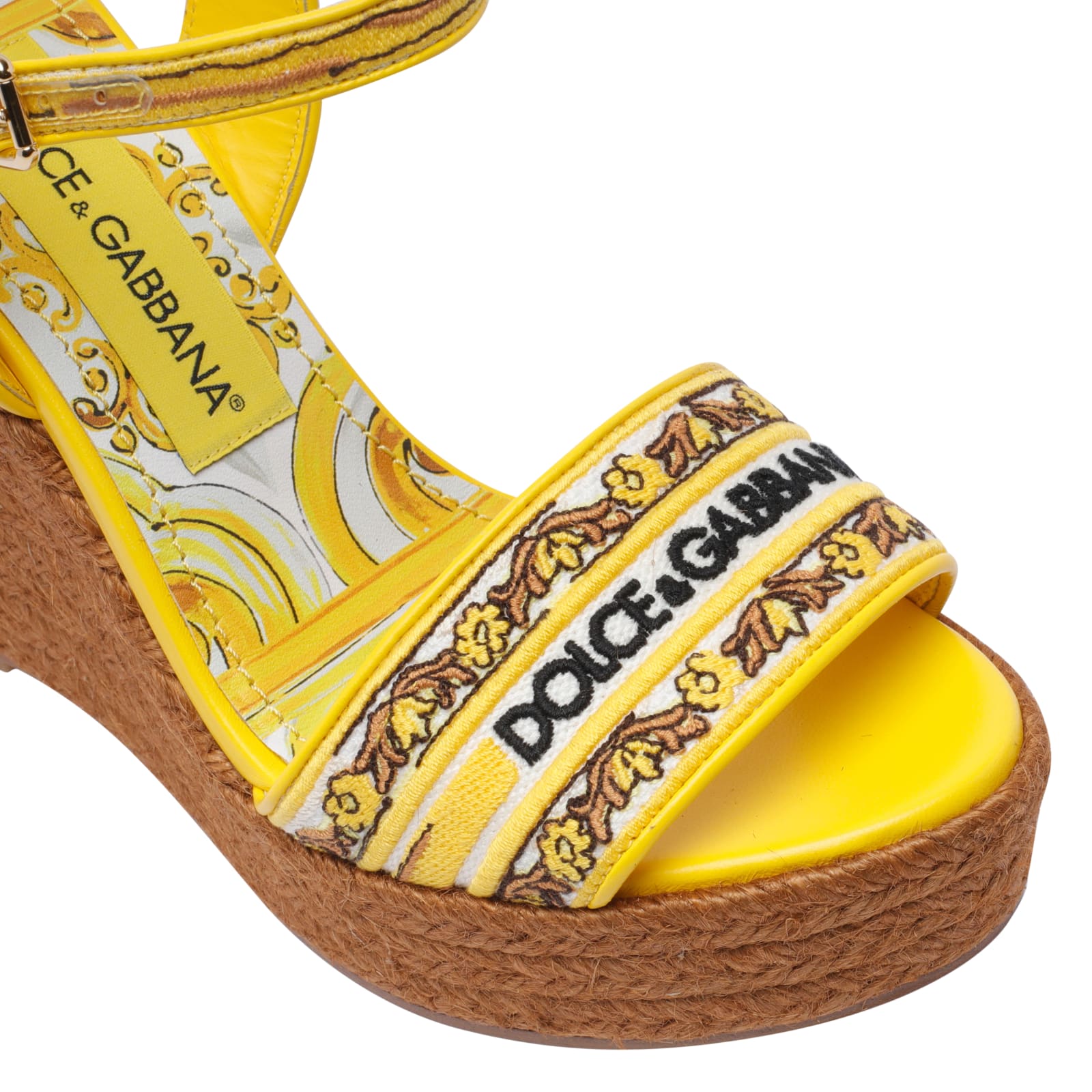 Shop Dolce & Gabbana Maiolica Print Logo Charmeuse Wedged Sandals In Giallo