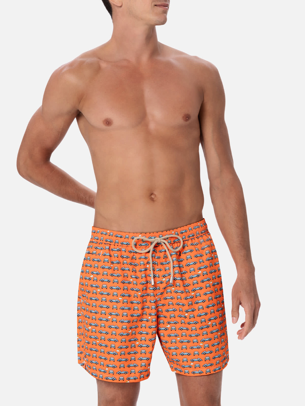 Shop Mc2 Saint Barth Man Lightweight Fabric Swim-shorts Lighting Micro Fantasy With Cars Print In Fluo