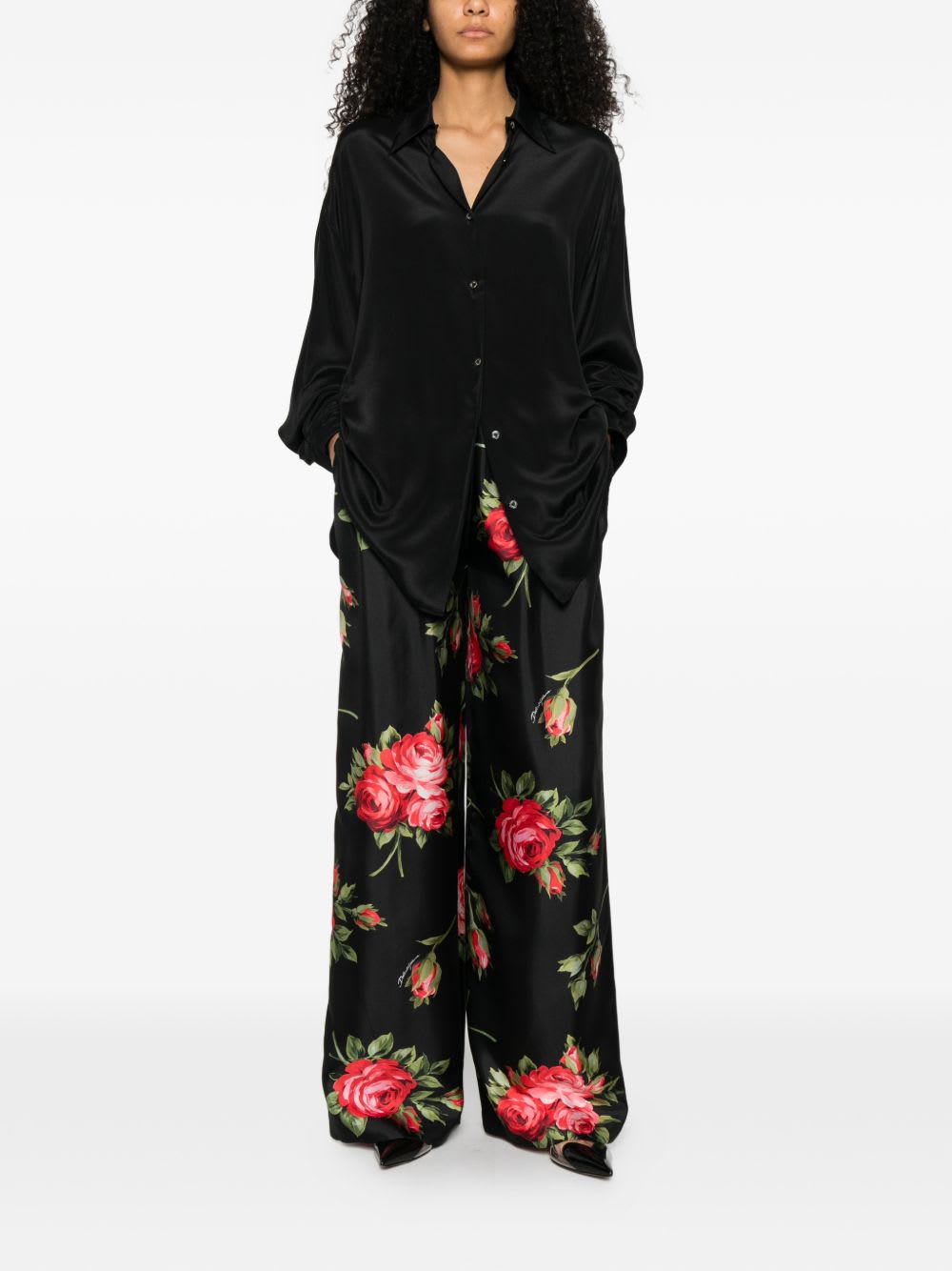 Dolce & Gabbana Roses Bouquet Print Silk Trousers In Animal Print