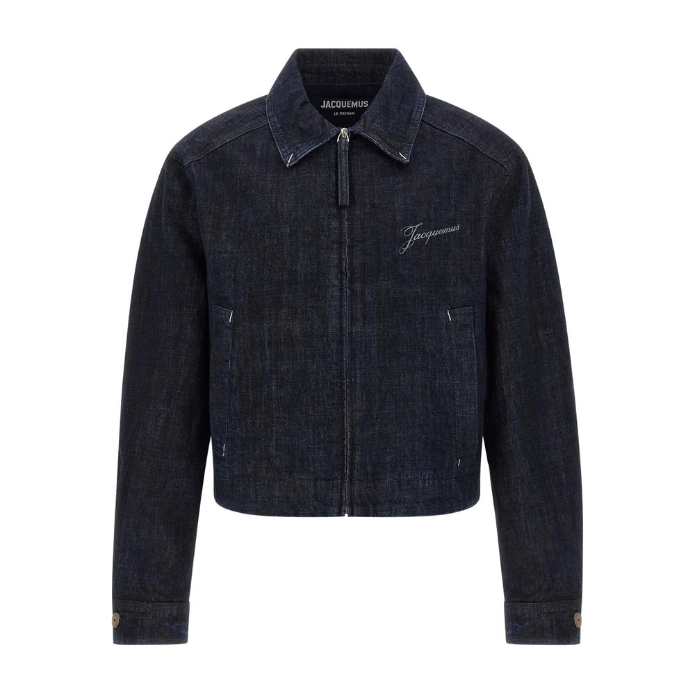 Jacquemus Dark Indigo Denim Jacket With Front Zipper And Logo In Black
