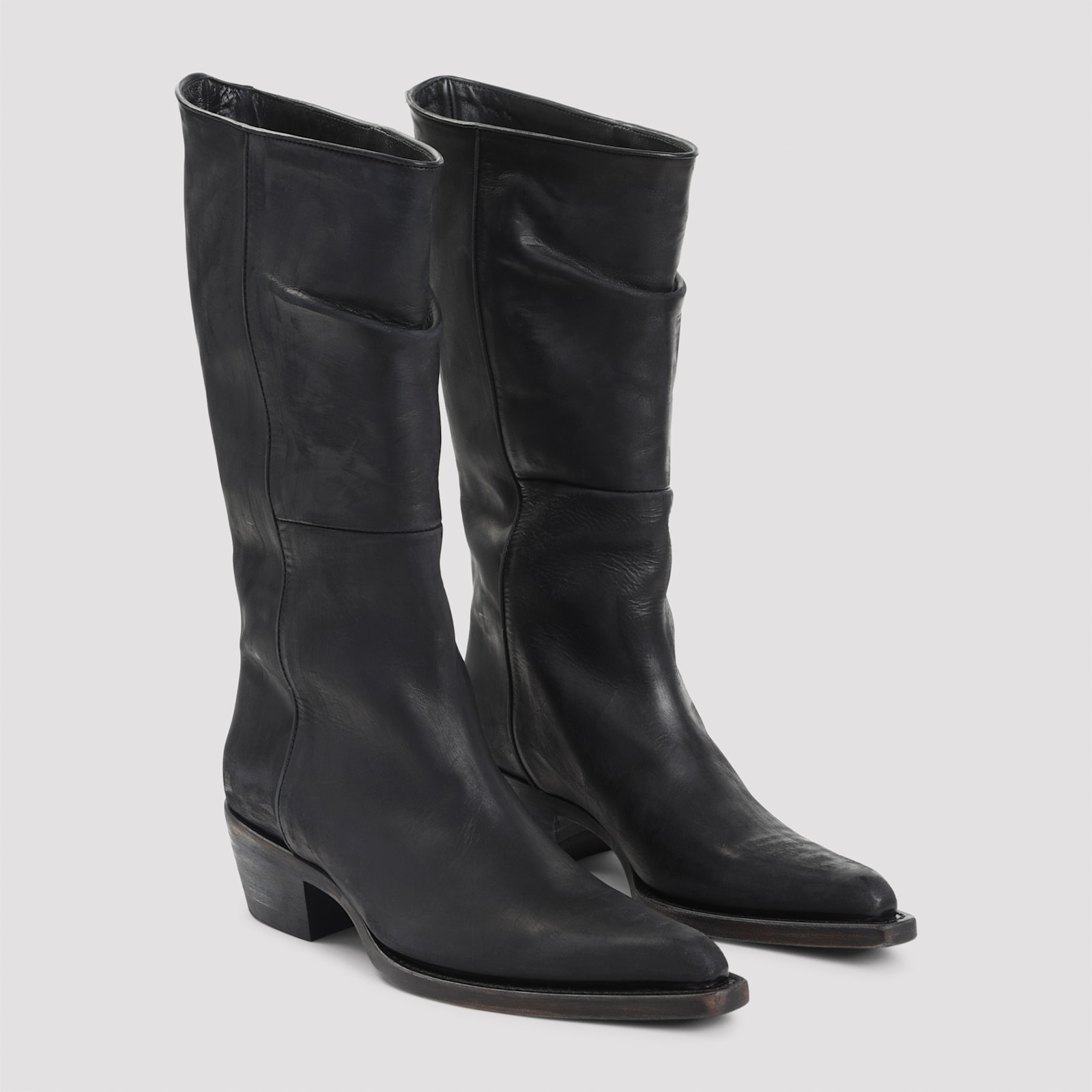 Khaite Mid-calf Black Leather Boots With Pointed Toe And Stacked Heel In Black