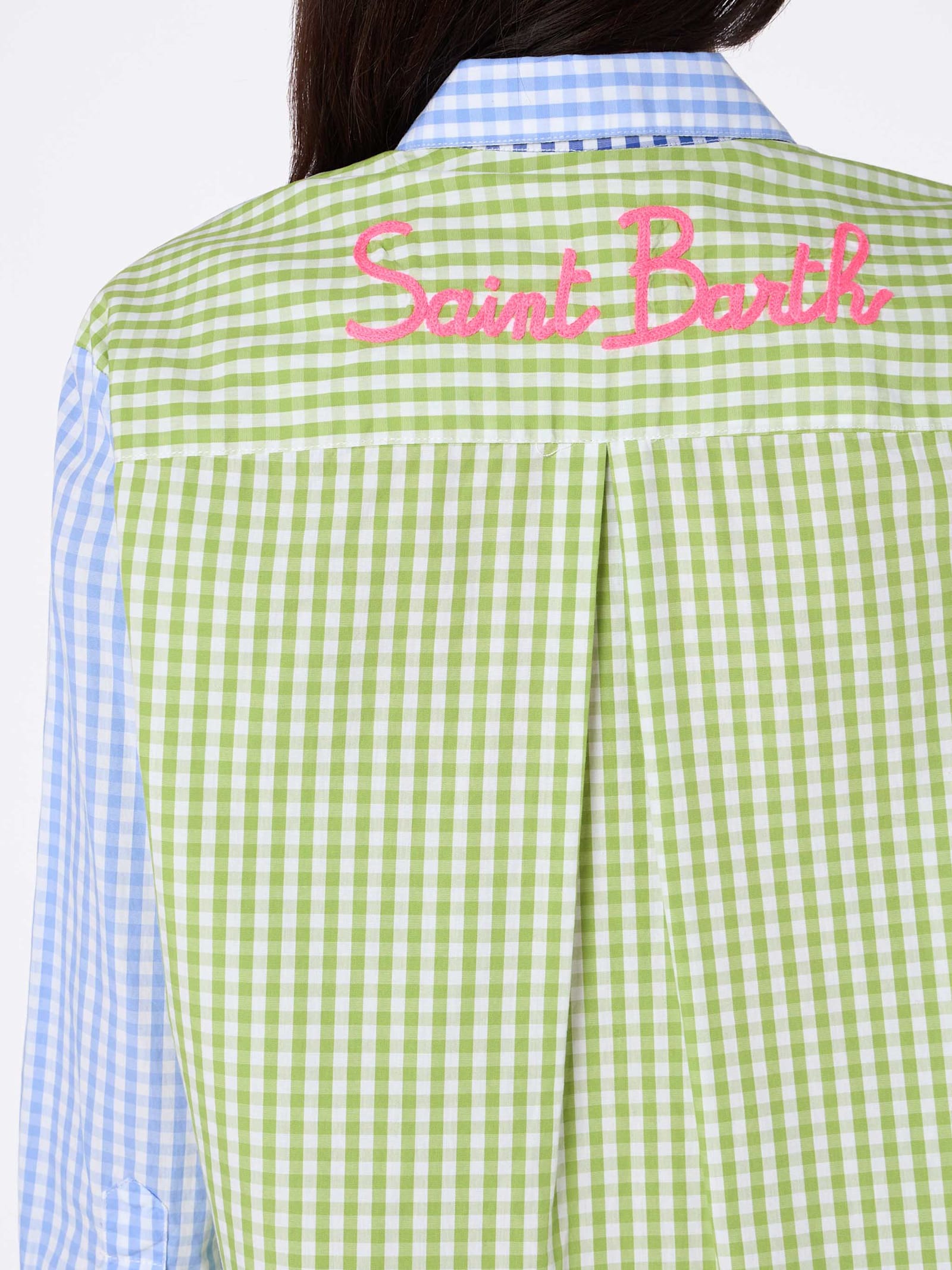 Mc2 Saint Barth Woman Cotton Shirt Brigitte With Multicolor Vichy Print And Saint Barth Embroidery In Pink