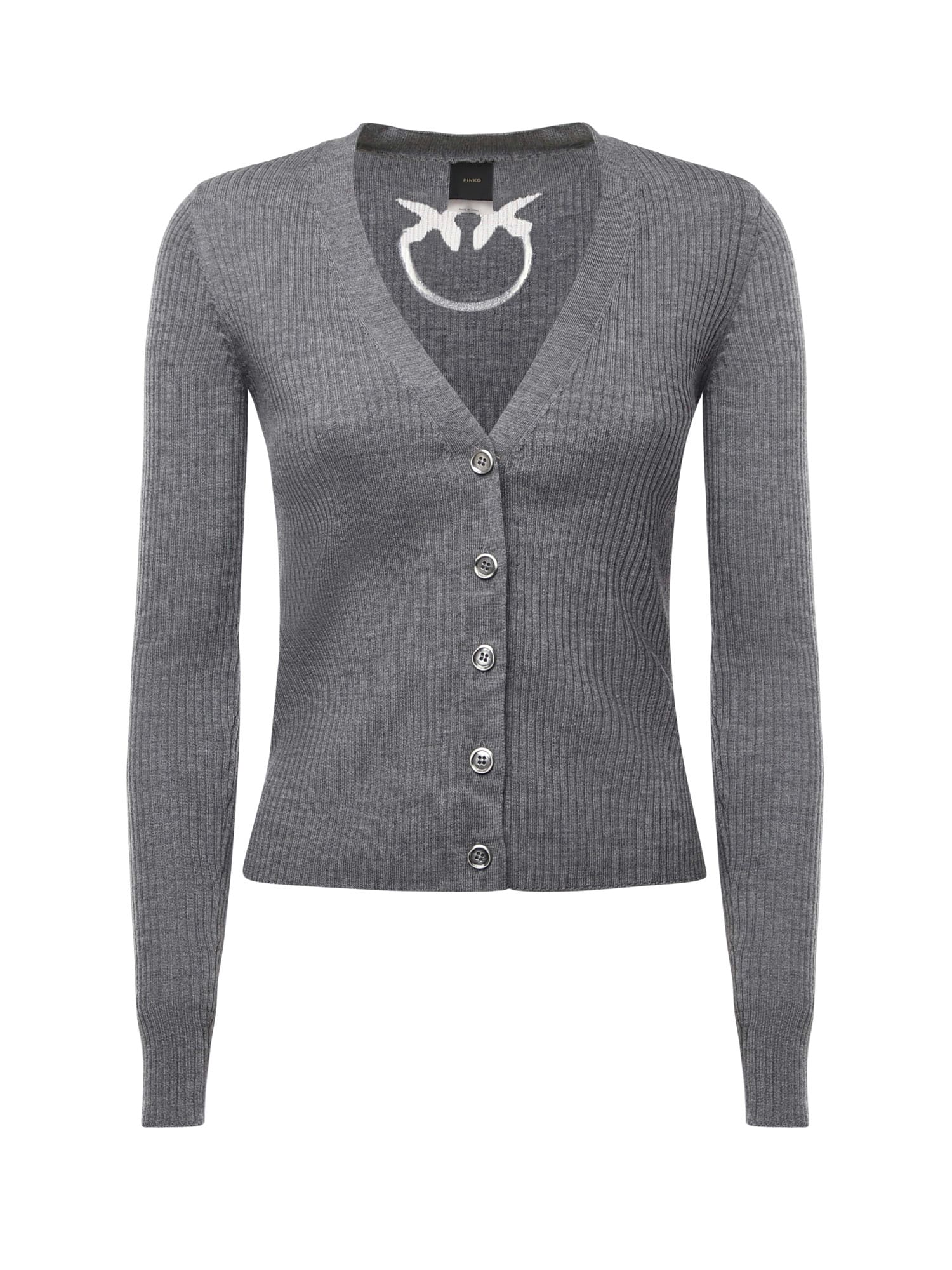 Pinko Ribbed Cardigan With Logo In Gray