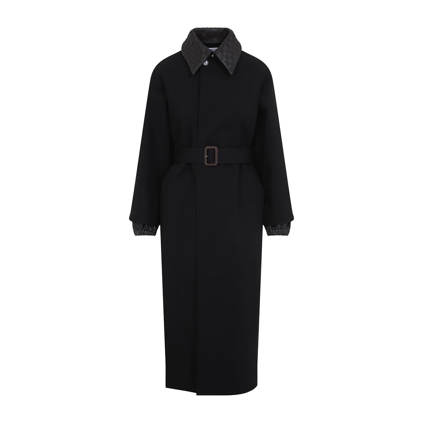 Bottega Veneta Black Trenchcoat With Removable Leather Collar With Intrecciato Motif And Adjustable Belt In Cotton In Black