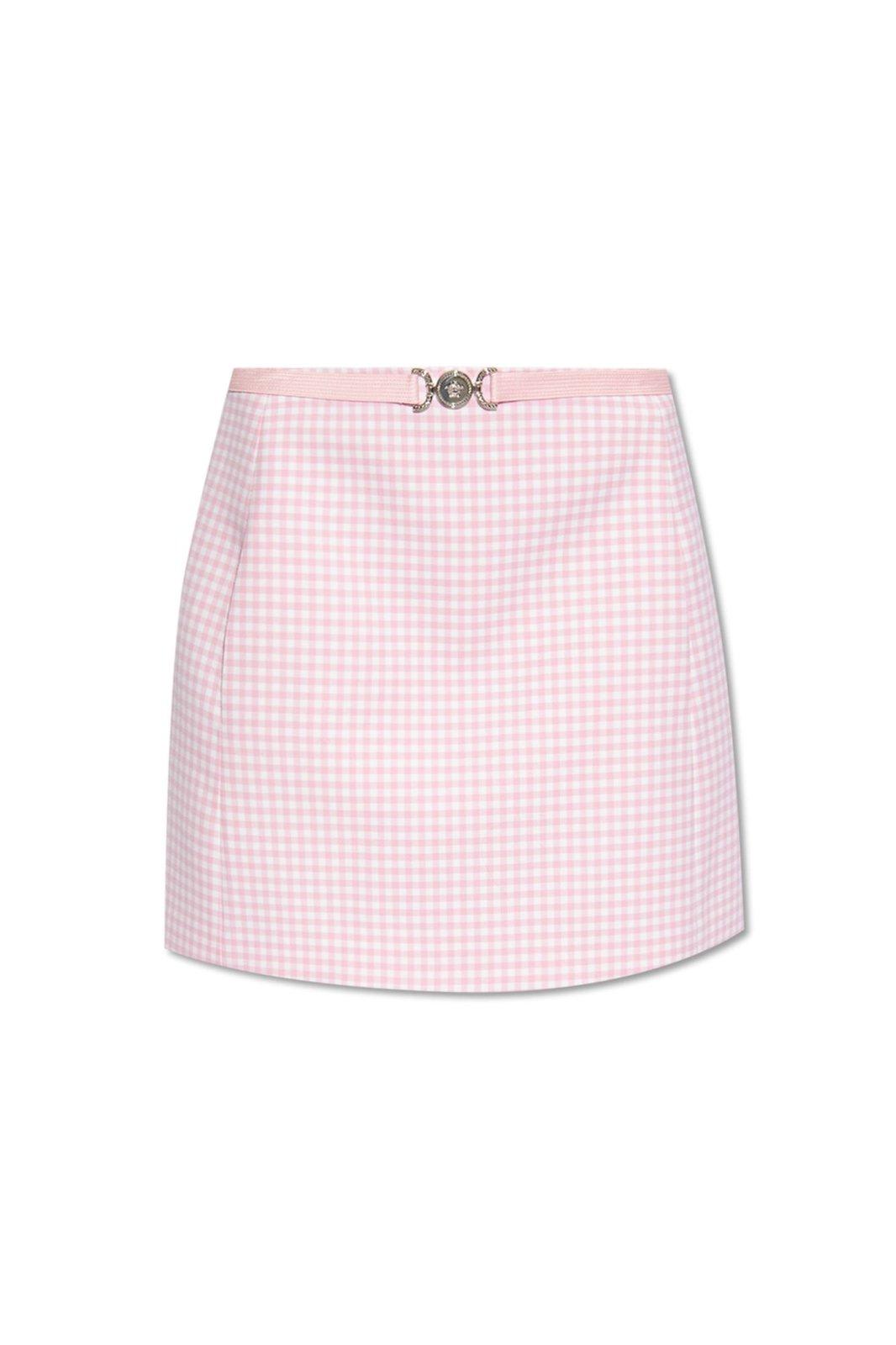 Shop Versace Medusa Biggie Gingham-checked High-waist Mini Skirt In Rosa