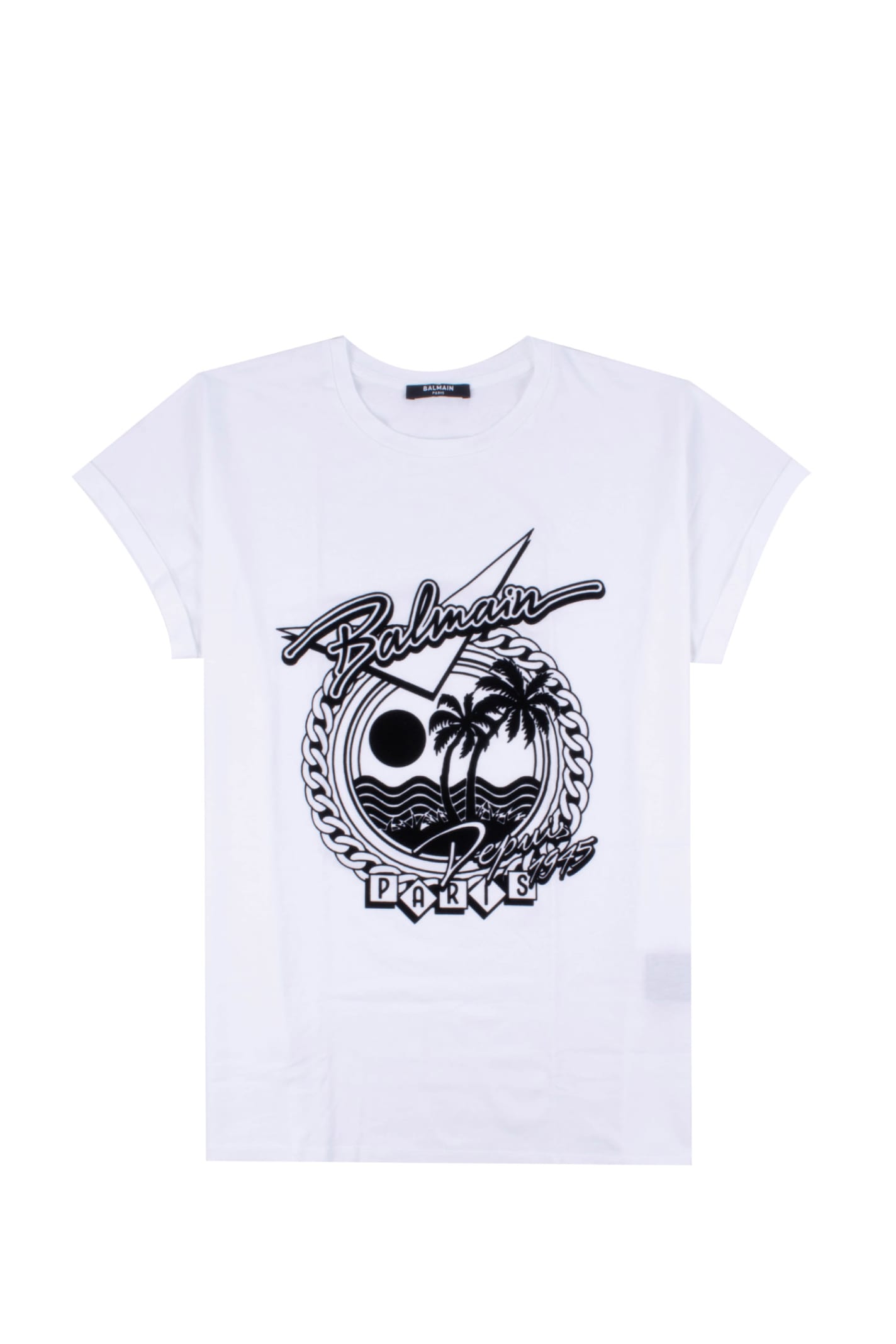 White Cotton T-shirt With Black Balmain Logo