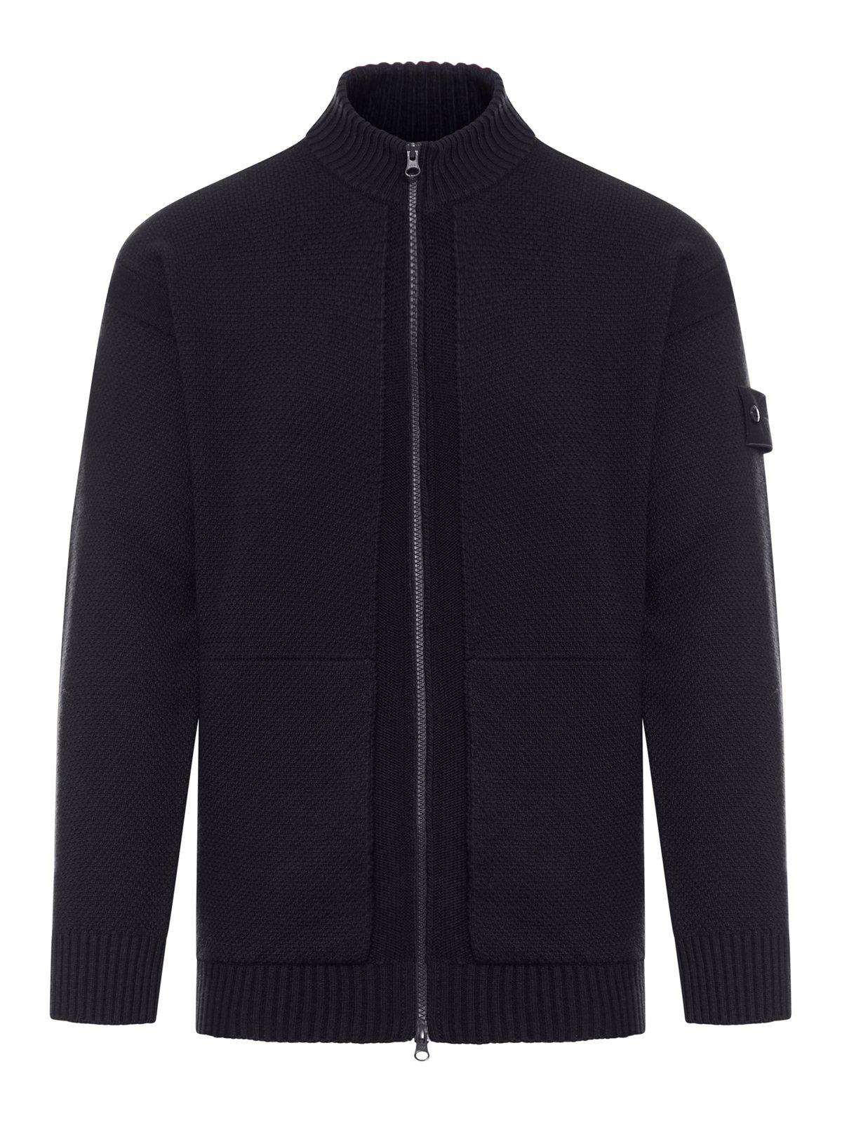 Shop Stone Island Logo Patch Zip-up Knitted Cardigan In Nero