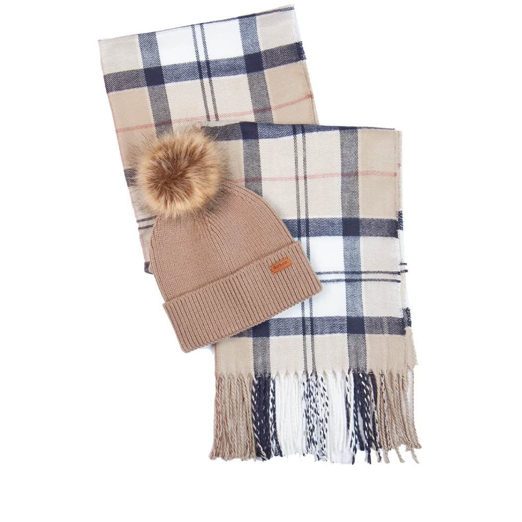 Barbour Dover Tartan Beige Beanie+scarf Set