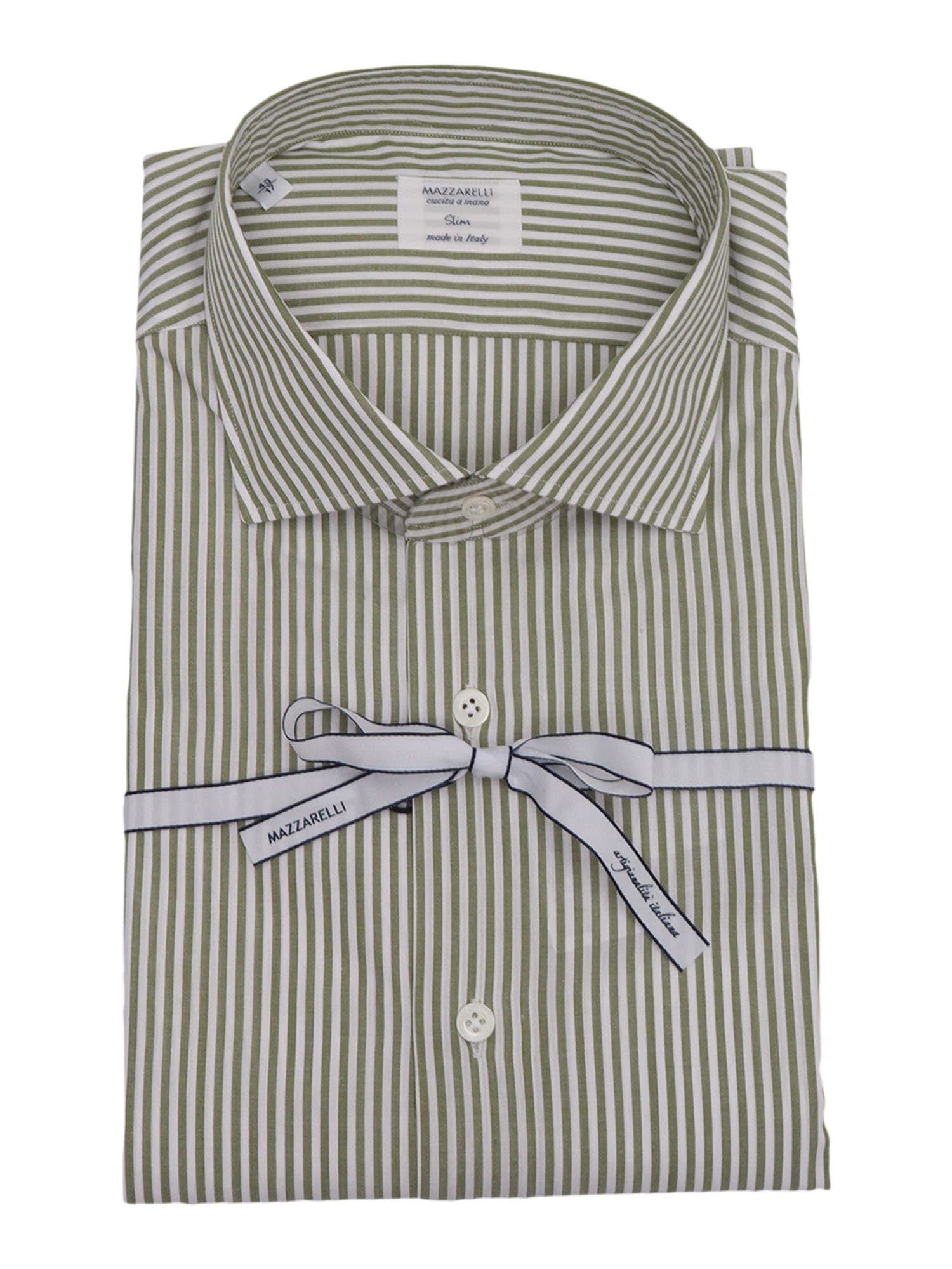 100% Cotton Striped Slim Fit Shirt In Green And White