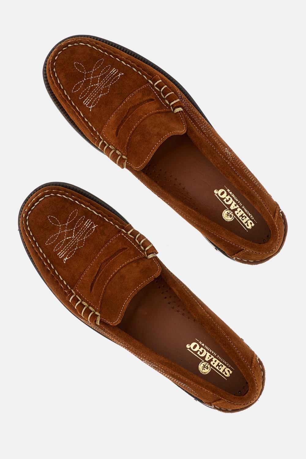 Sebago Brown Suede Loafers With Decorative Stitching In Brown