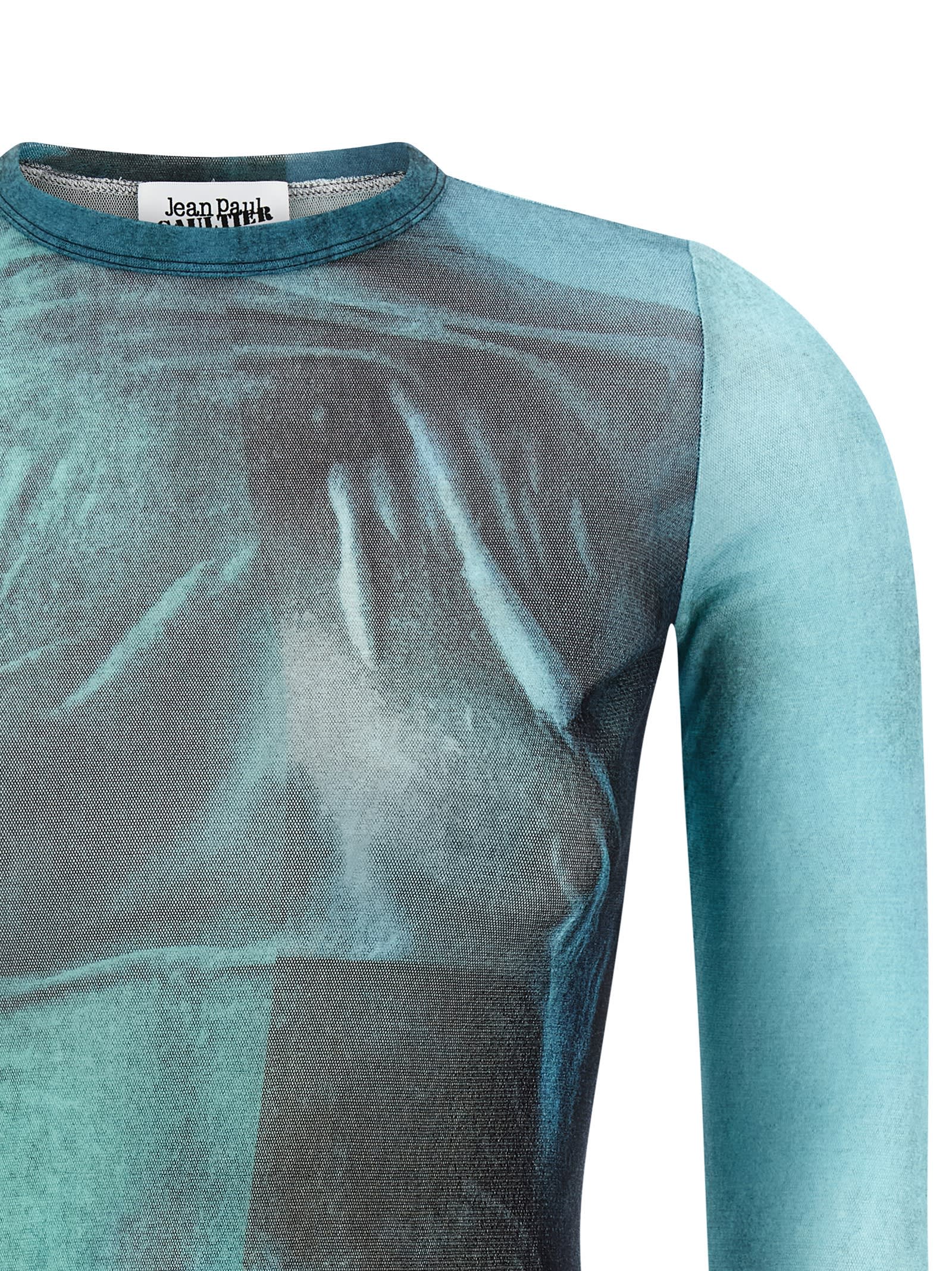 Jean Paul Gaultier Crew Neck Sheer Abstract Print Top In Blue