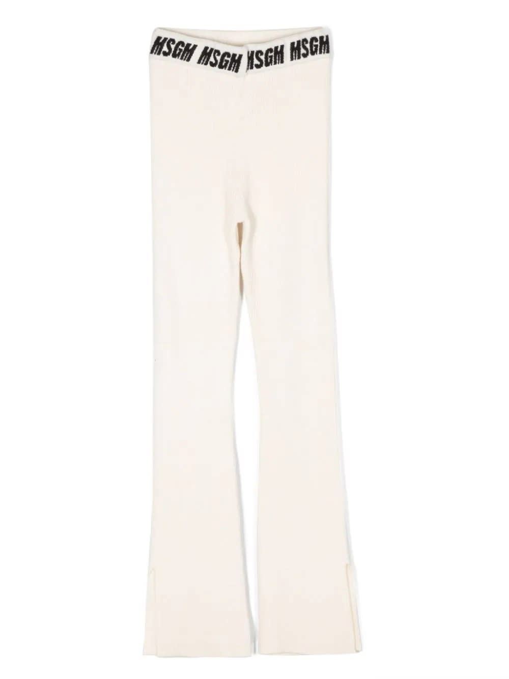 MSGM CREAM RIBBED TROUSERS WITH LOGO ON WAIST