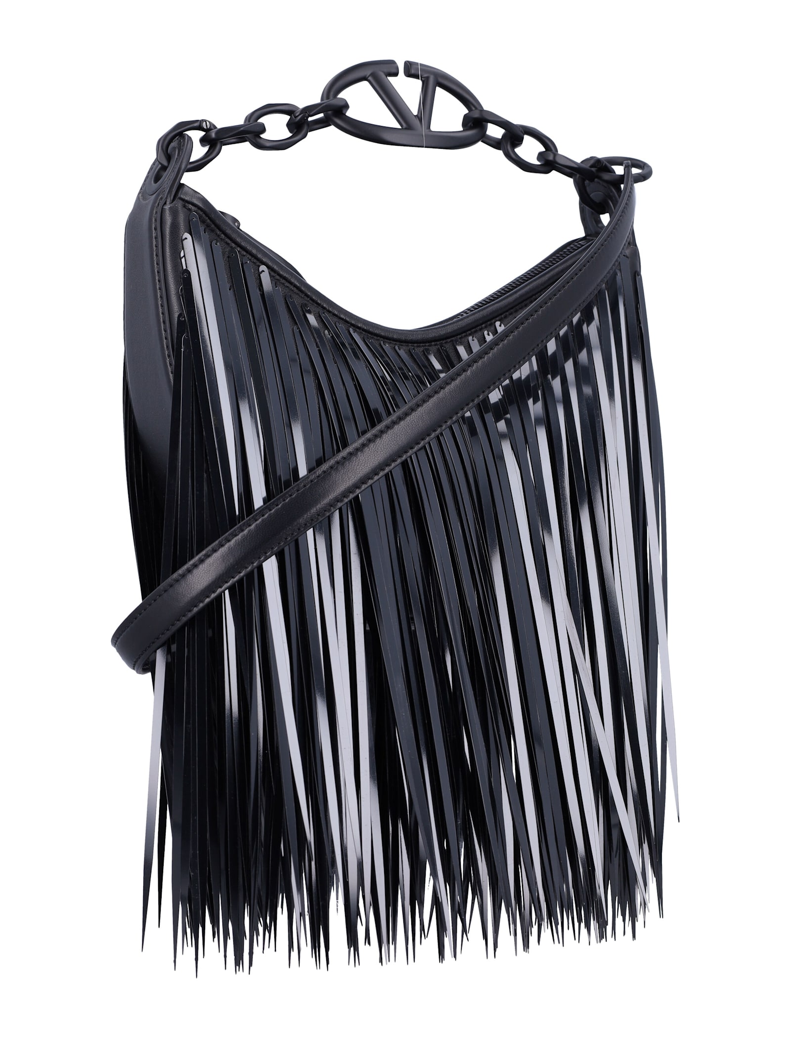 Shop Valentino Vlogo Moon Mini Hobo Bag With Sequin Fringes In Black