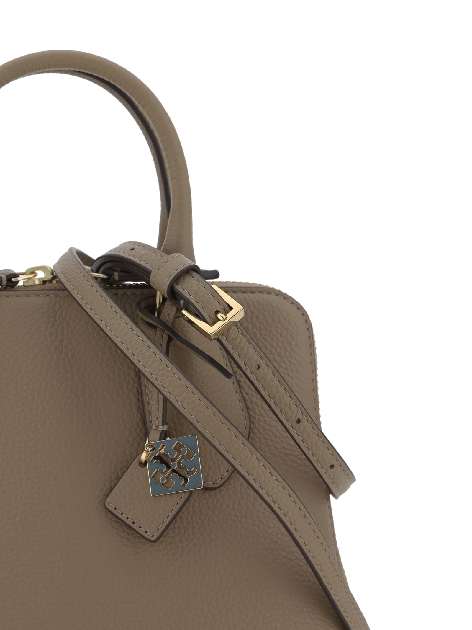 Shop Tory Burch Mini Pebbled Swing Handbag In Taupe Oak