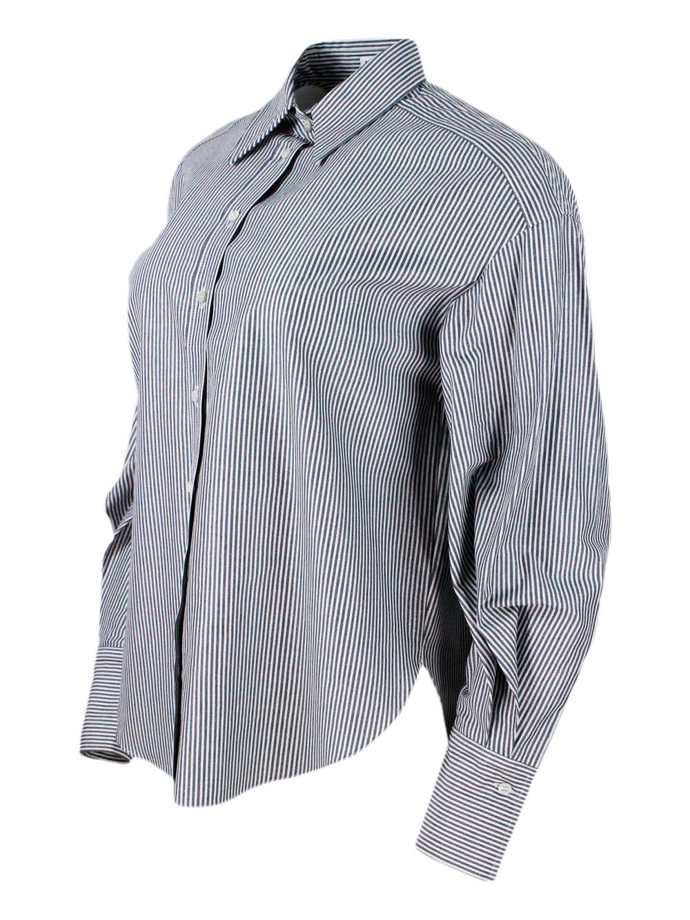 Shop Brunello Cucinelli Long-sleeved Shirt Made Of Cotton With A Striped Pattern Embellished With Bright Lurex Threads In Blu