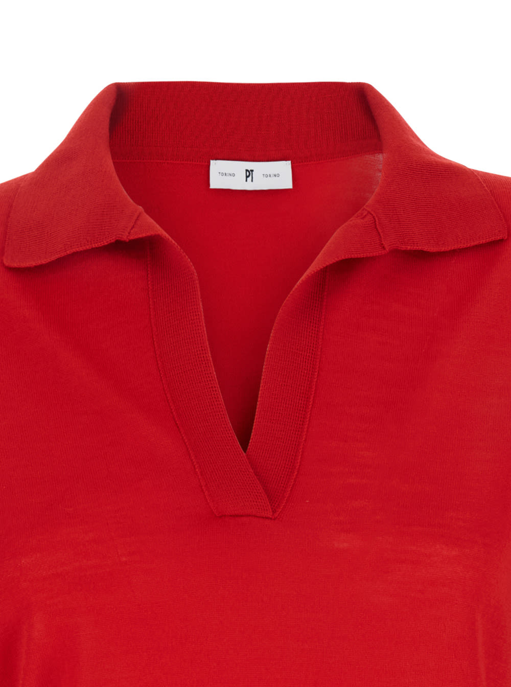 Pt Torino Red Polo With V-neck And Short Sleeves In Virgin Wool Woman In Red
