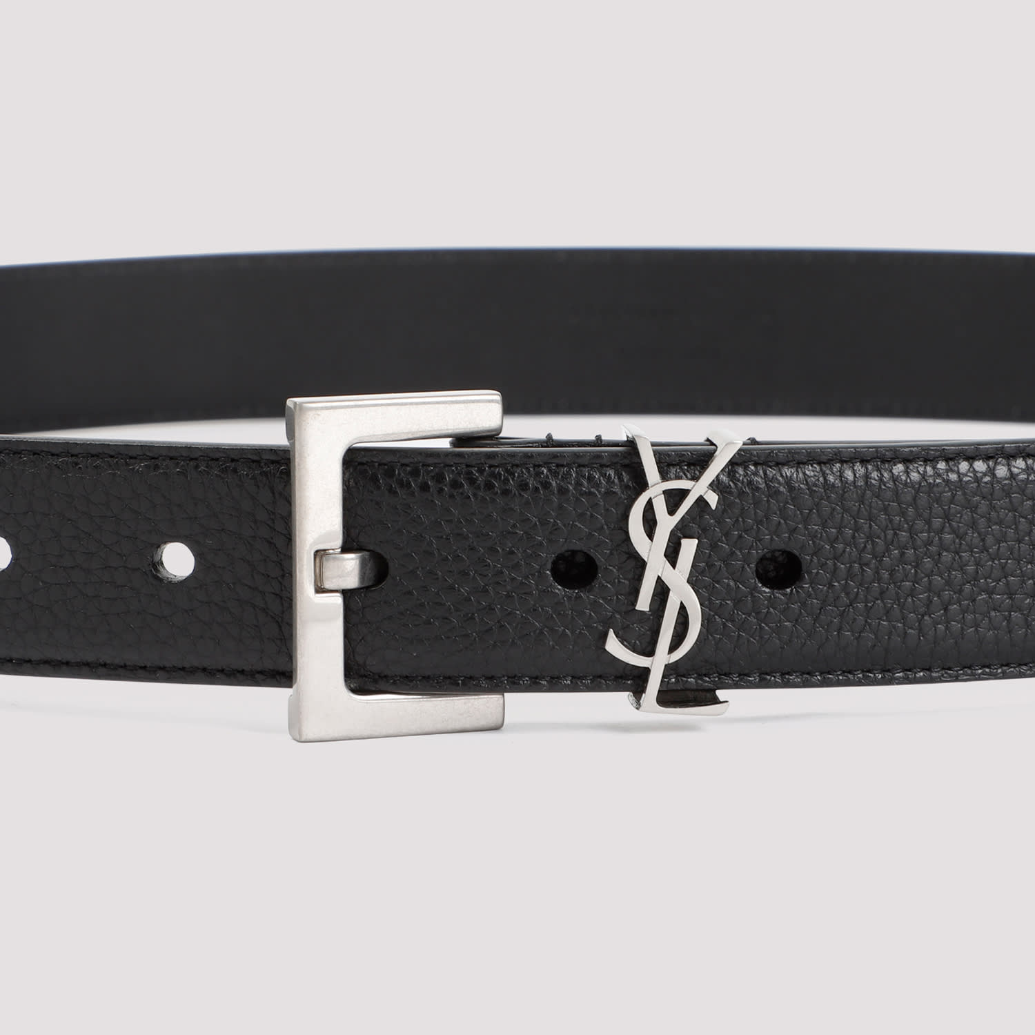Saint Laurent Cassandre Buckle Grained Leather Belt In Black