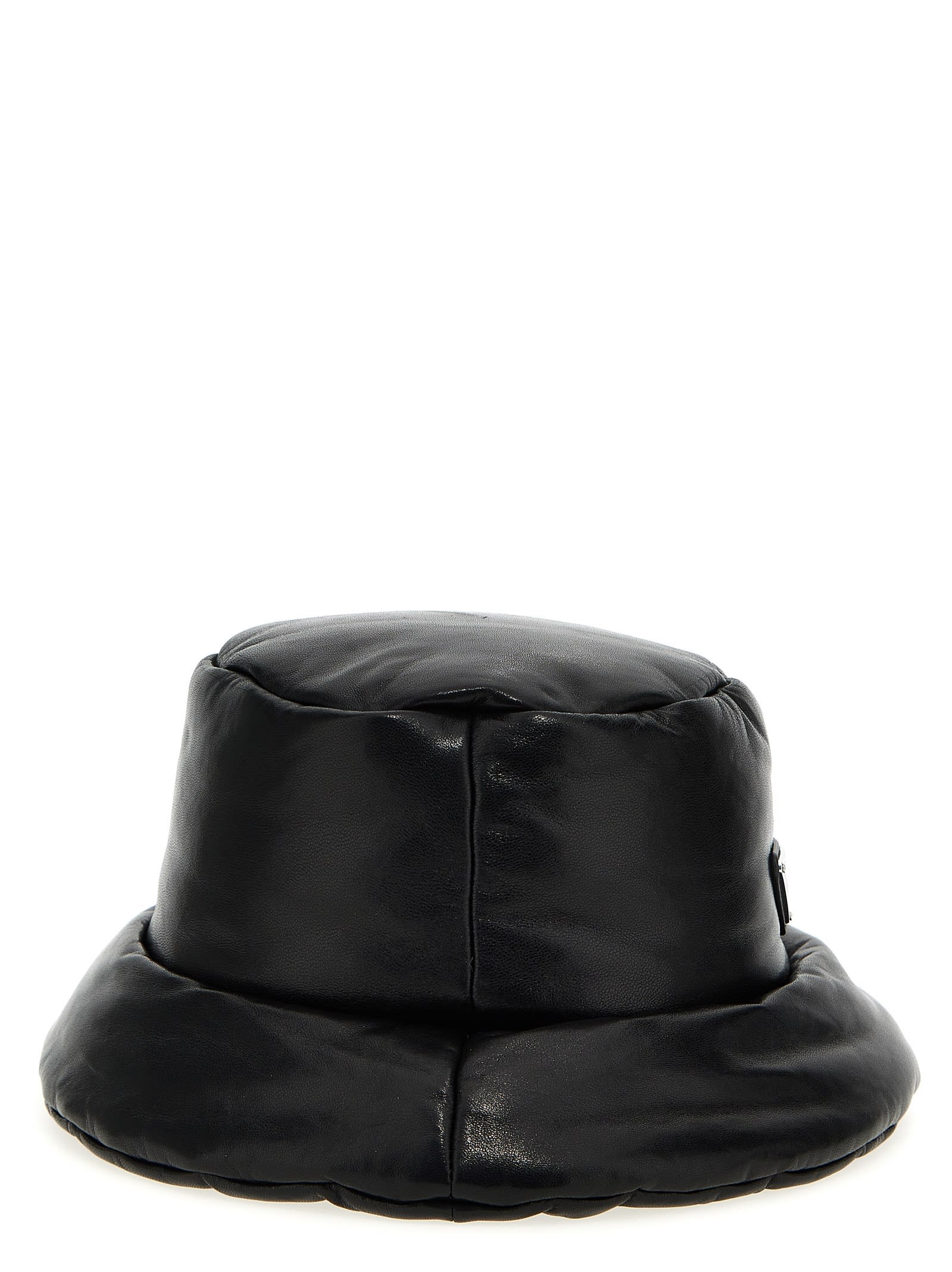 Prada Triangle-logo Patent-leather Bucket Hat In Black