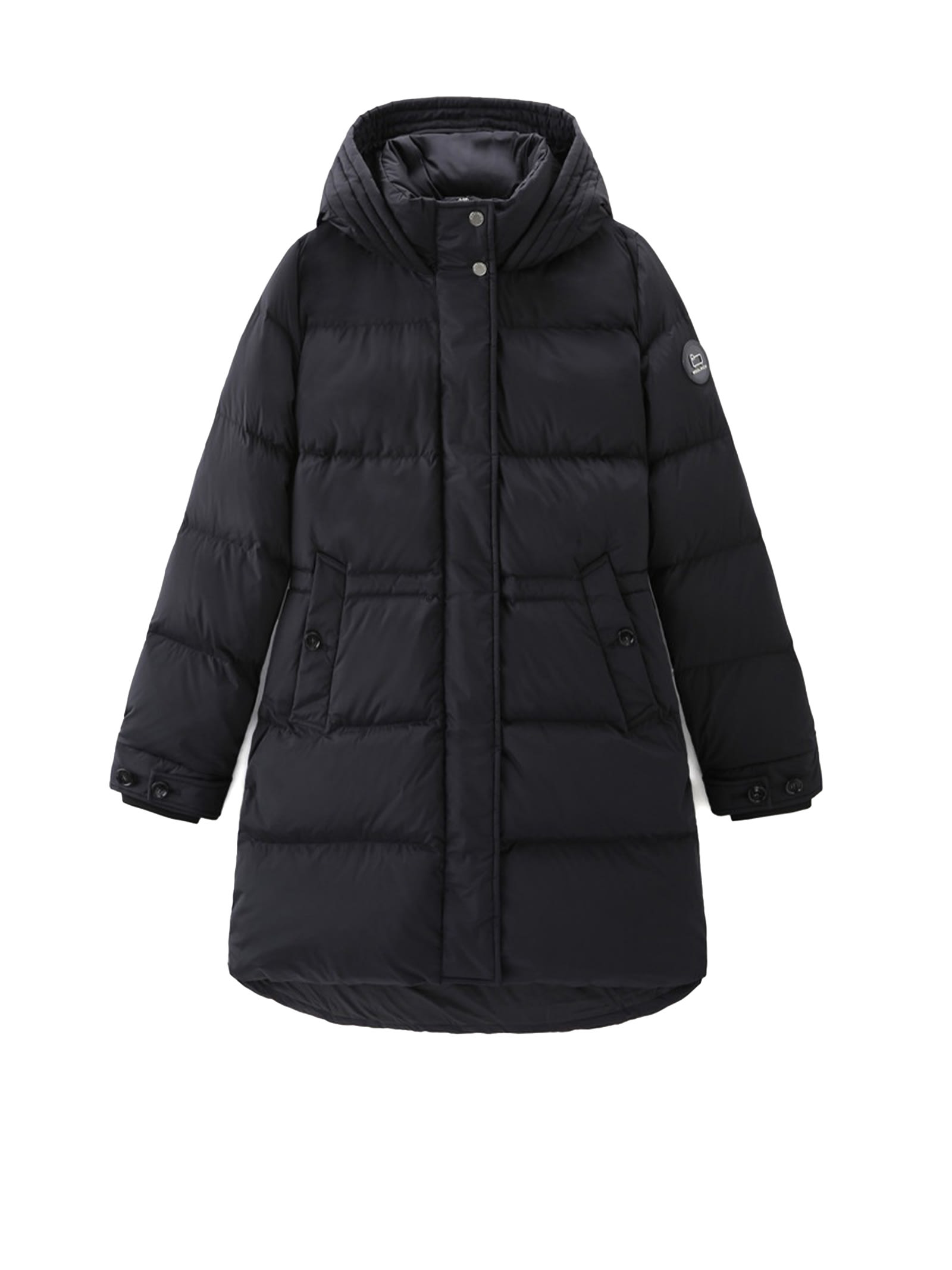 WOOLRICH WOMENS LONG DOWN JACKET BLACK WITH HOOD 